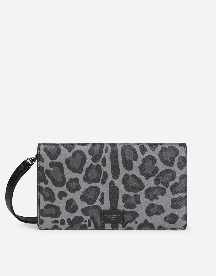 Dauphine calfskin wallet with shoulder strap and leopard print against a gray background - 1