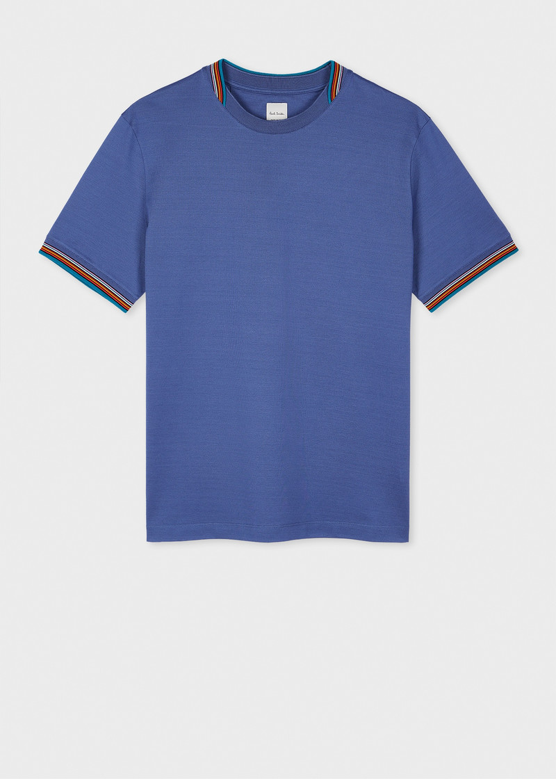 Blue Mercerised Cotton Pique 'Signature Stripe' Collar T-Shirt 1