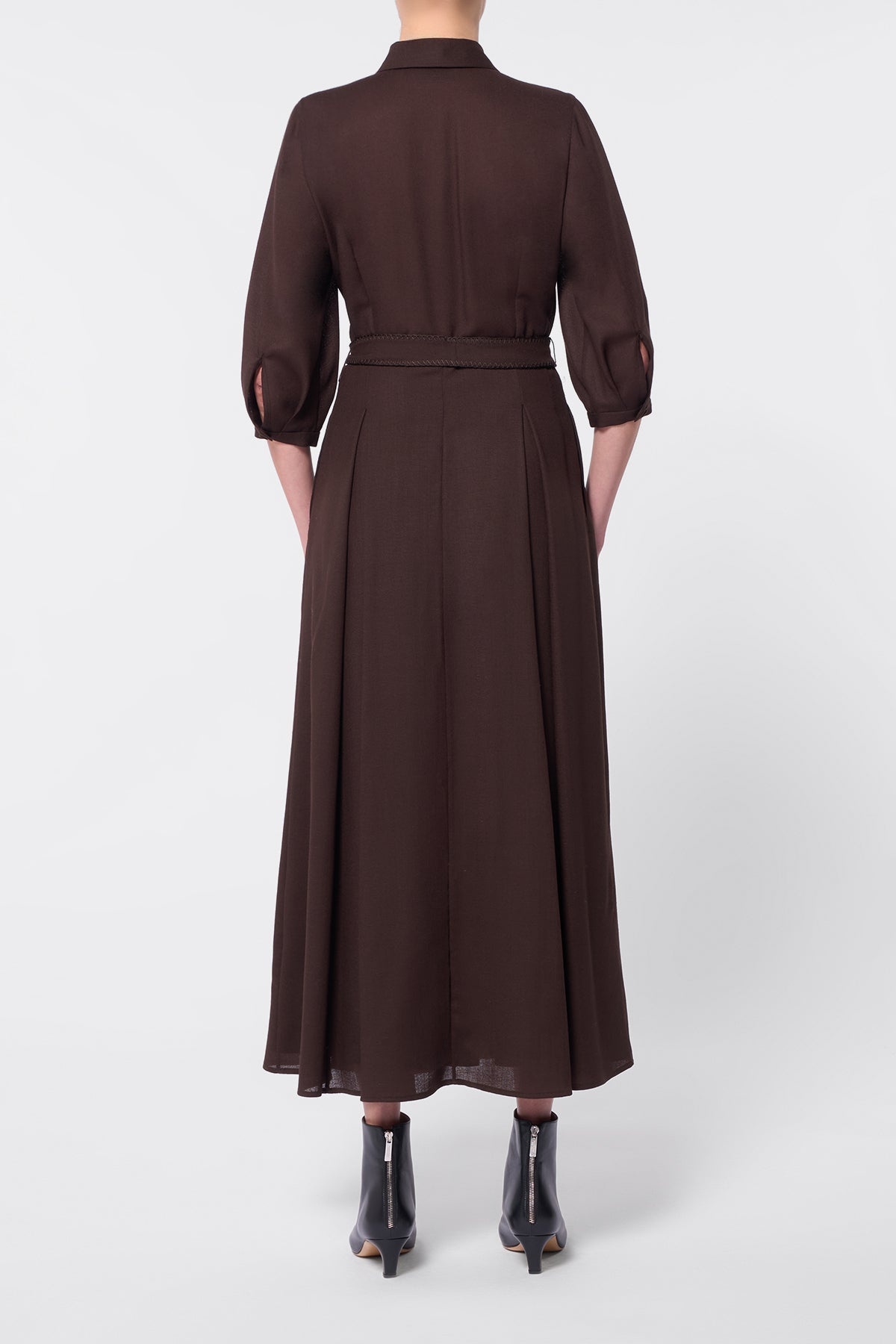 Andy Pleated Shirtdress in Chocolate Virgin Wool Gauze - 4