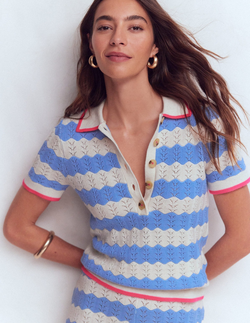Pointelle Henley T-shirt-Blue, White - 1