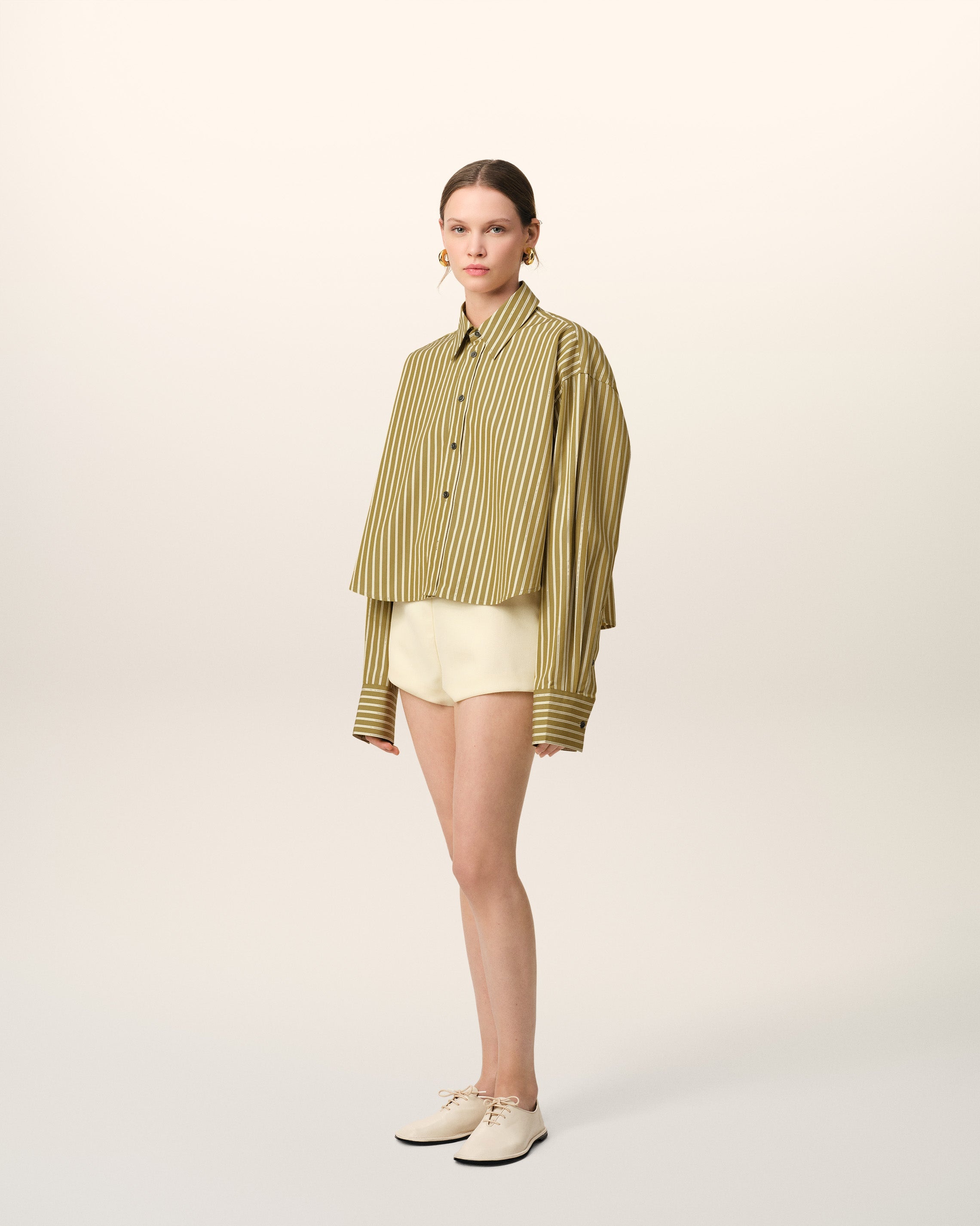 KHAKI COTTON CROPPED OVERSIZED SHIRT - 6