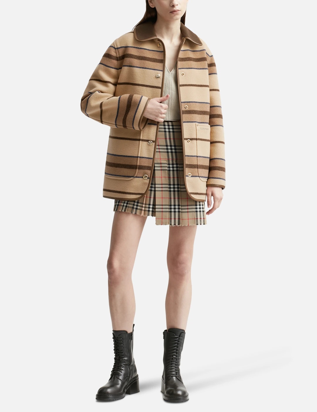 Leather-trimmed striped wool-felt jacket - 7