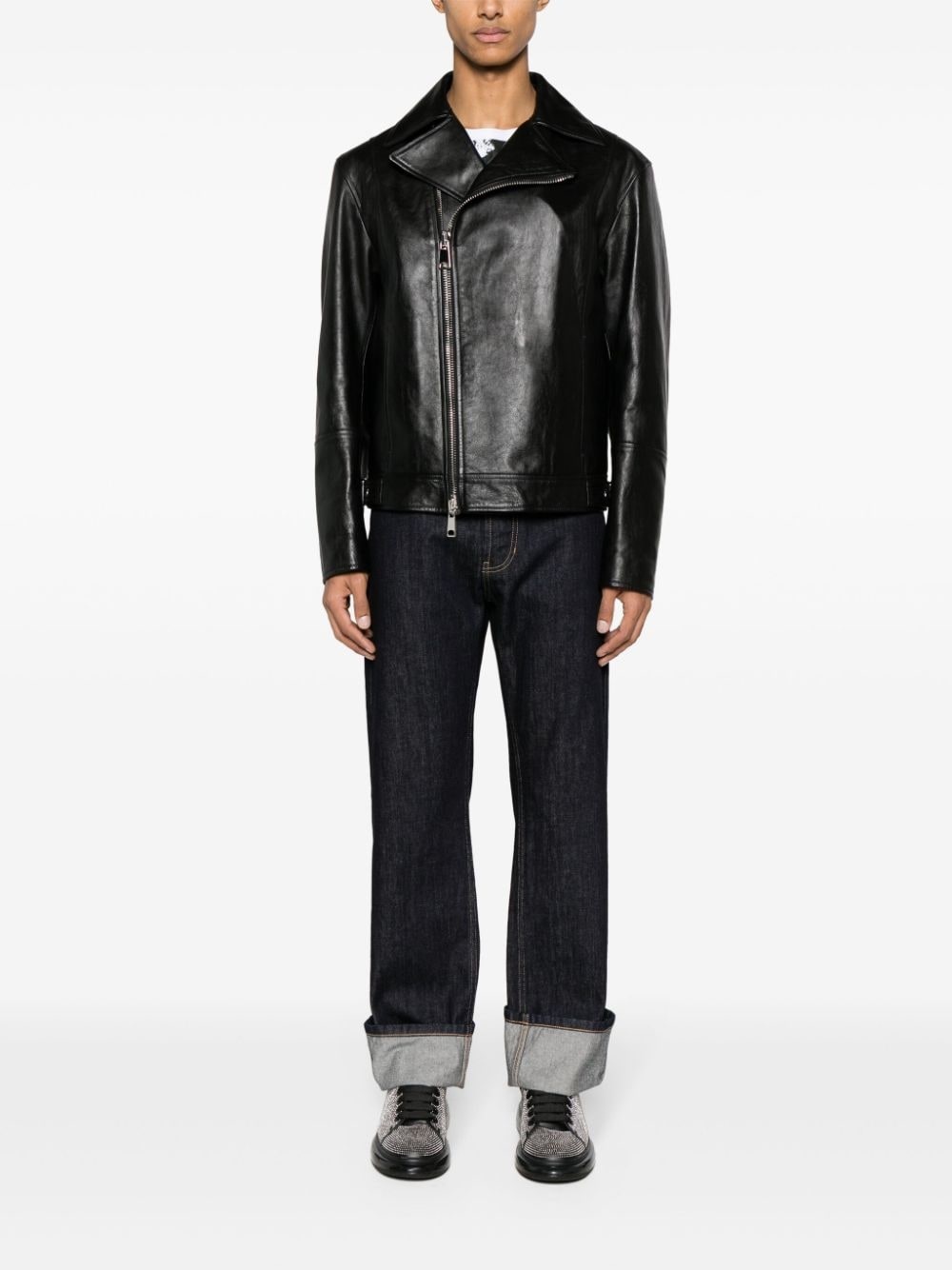 zip-up leather biker jacket - 2