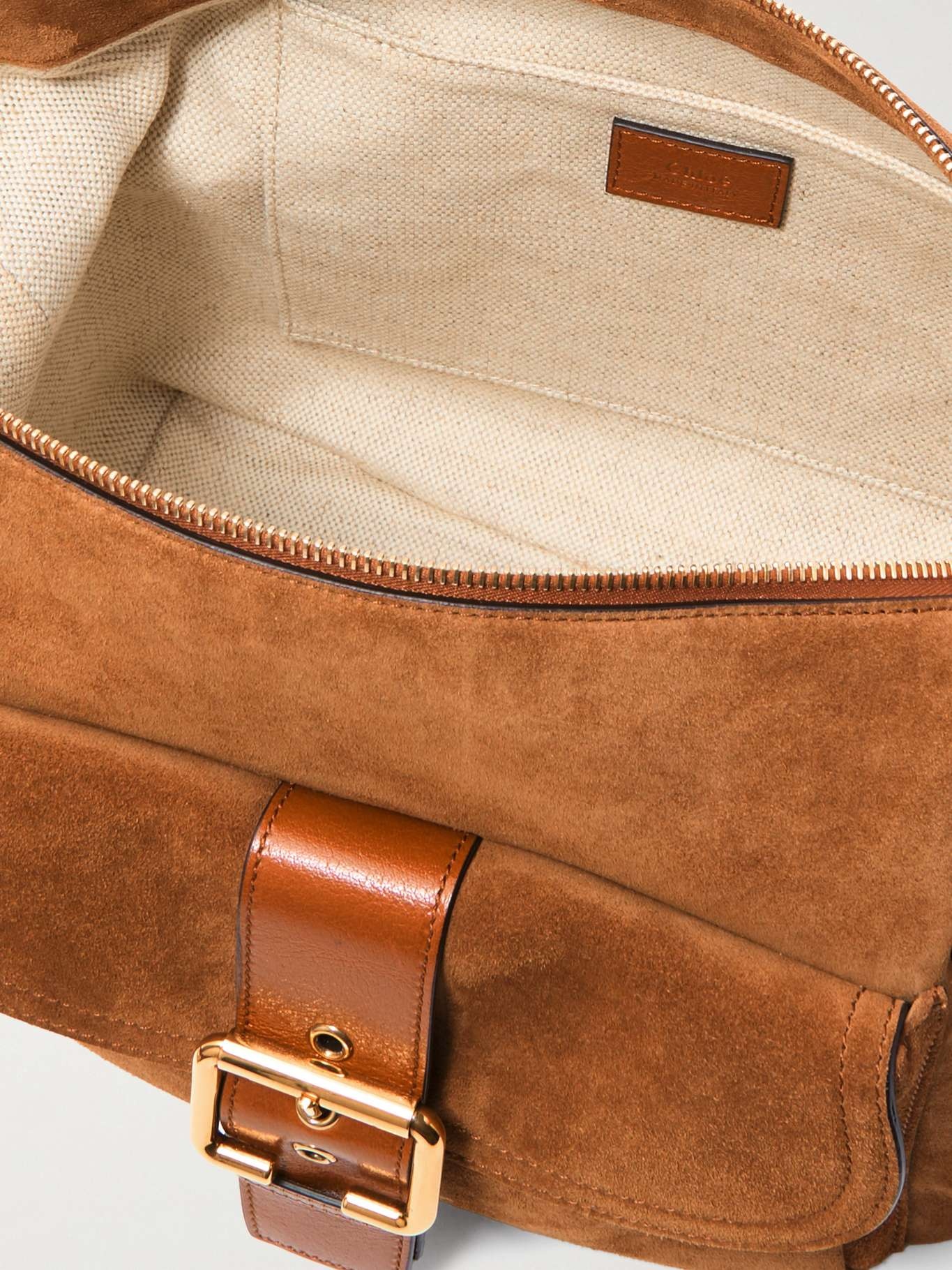 Camera leather-trimmed suede shoulder bag Tan - 5