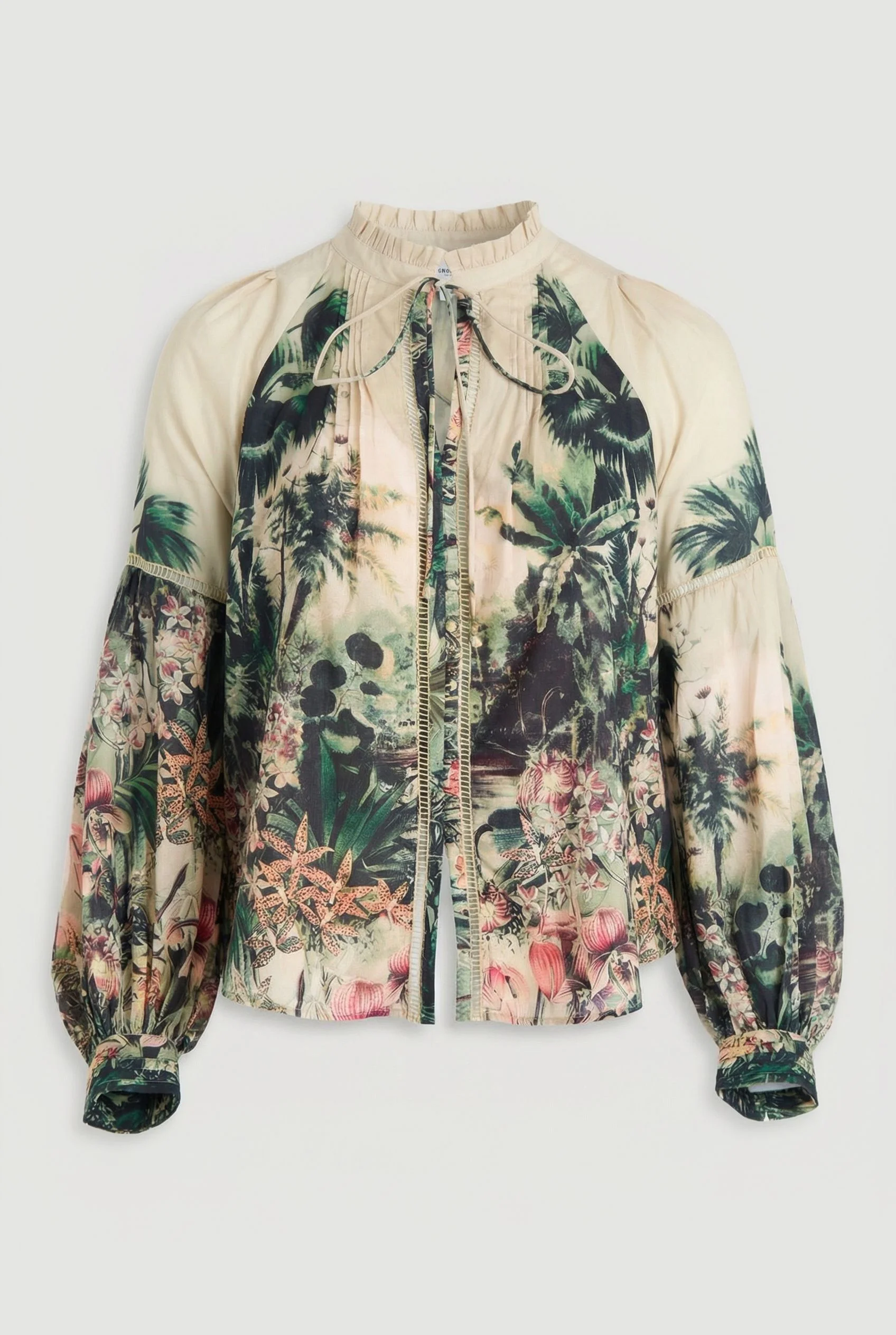 Plus Size Botanical Print Woven Balloon Sleeve Blouse - 1