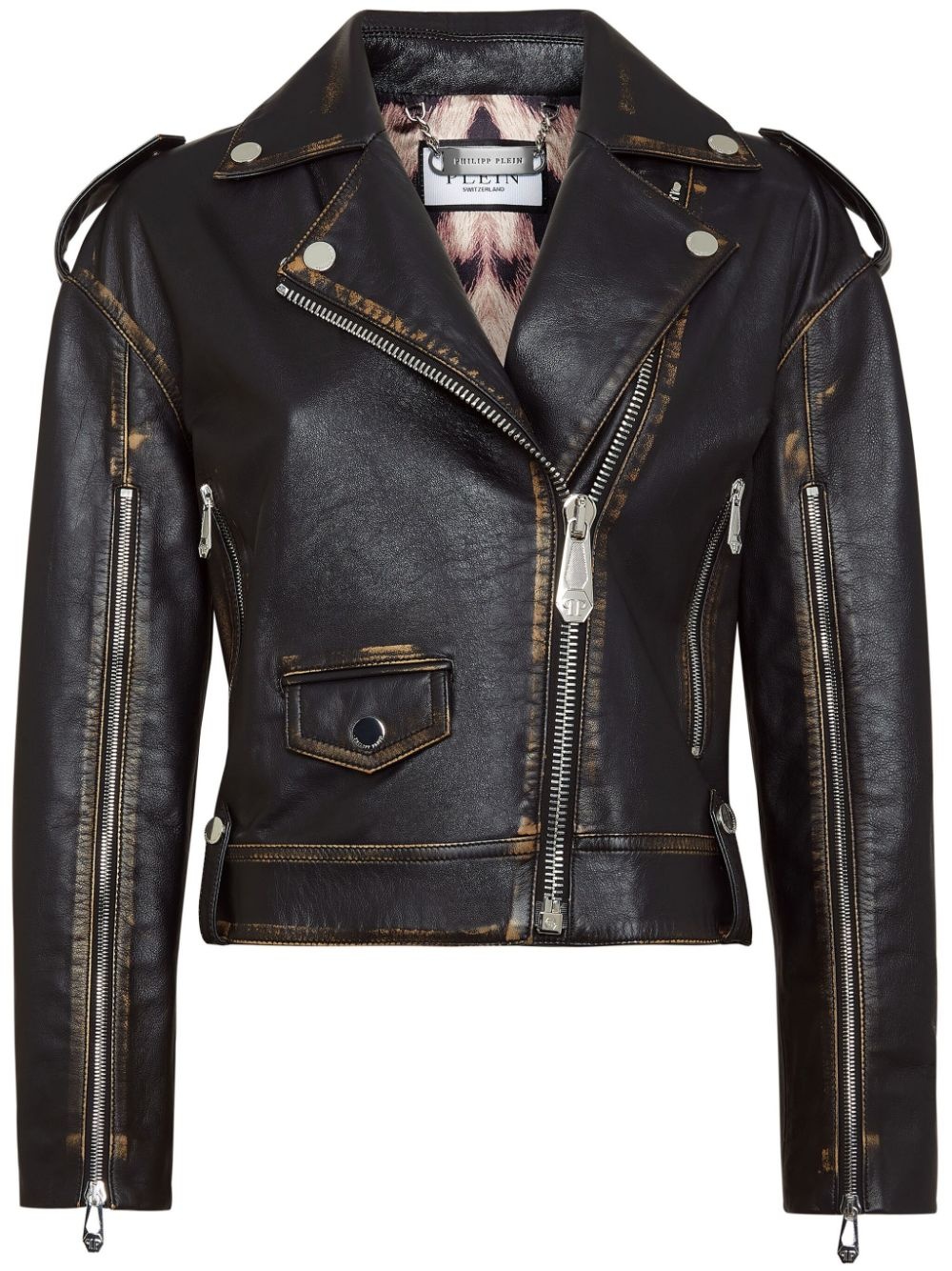 logo-lettering leather biker jacket - 1