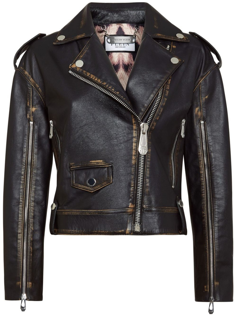 logo-lettering leather biker jacket 1