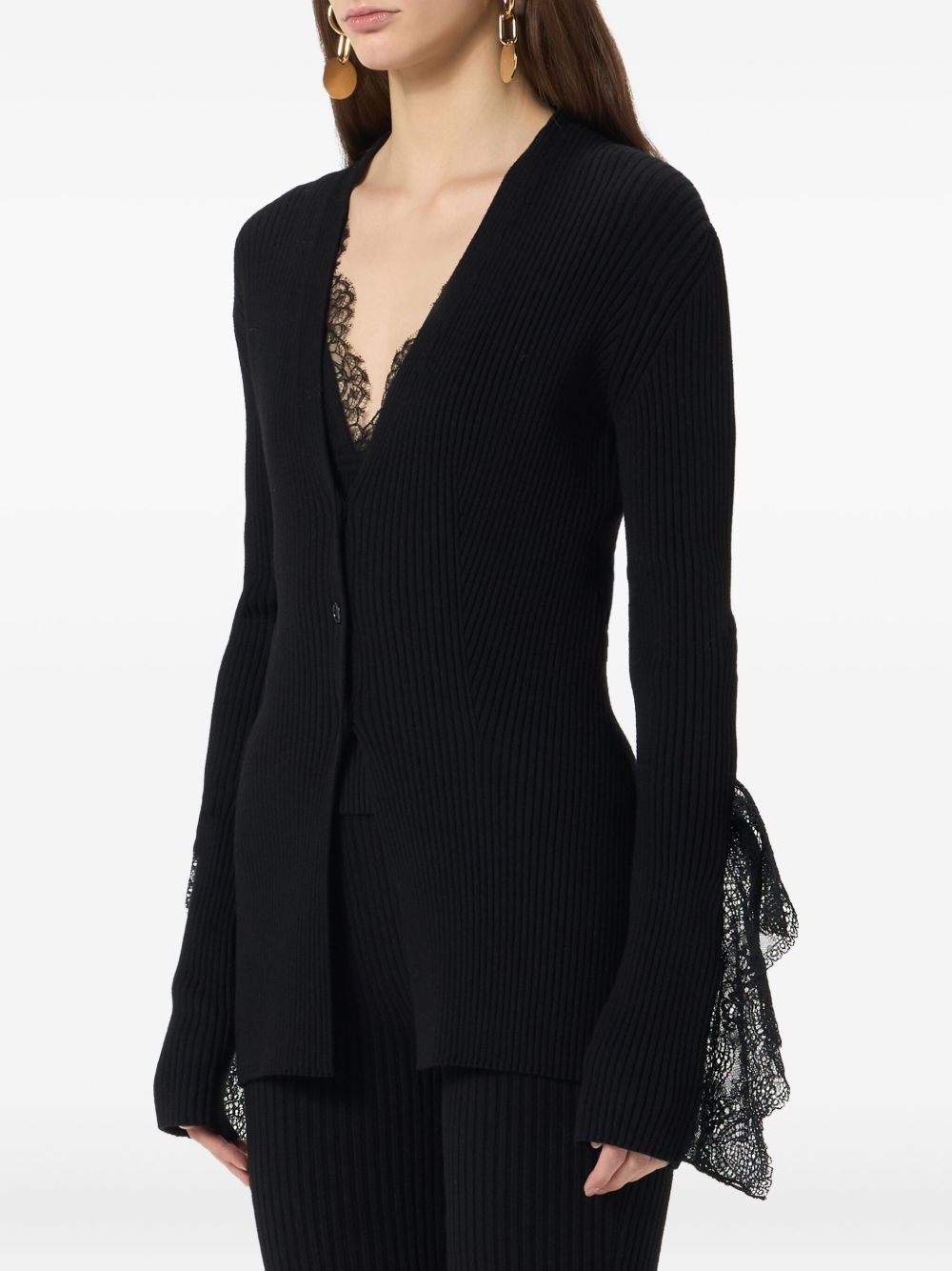 ribbed lace-trimmed cardigan - 4