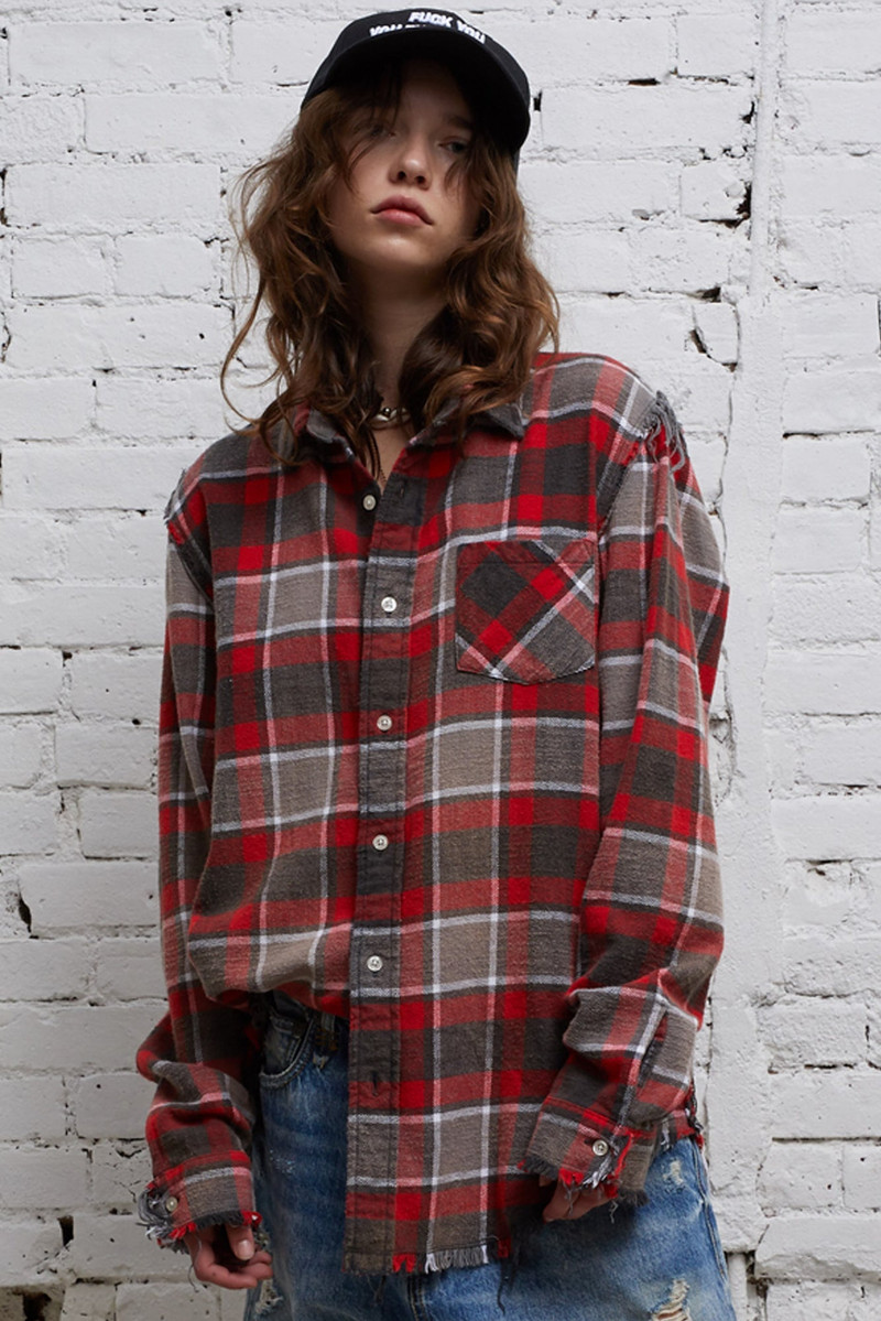 SHREDDED SEAM SHIRT - RED AND GREY PLAID | R13 2