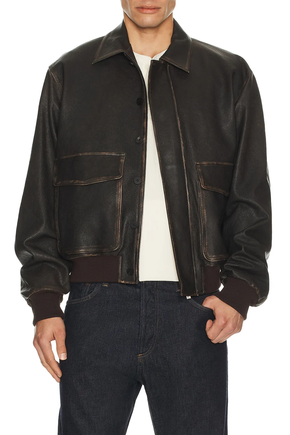 Distressed Leather Bomber Jacket - 1