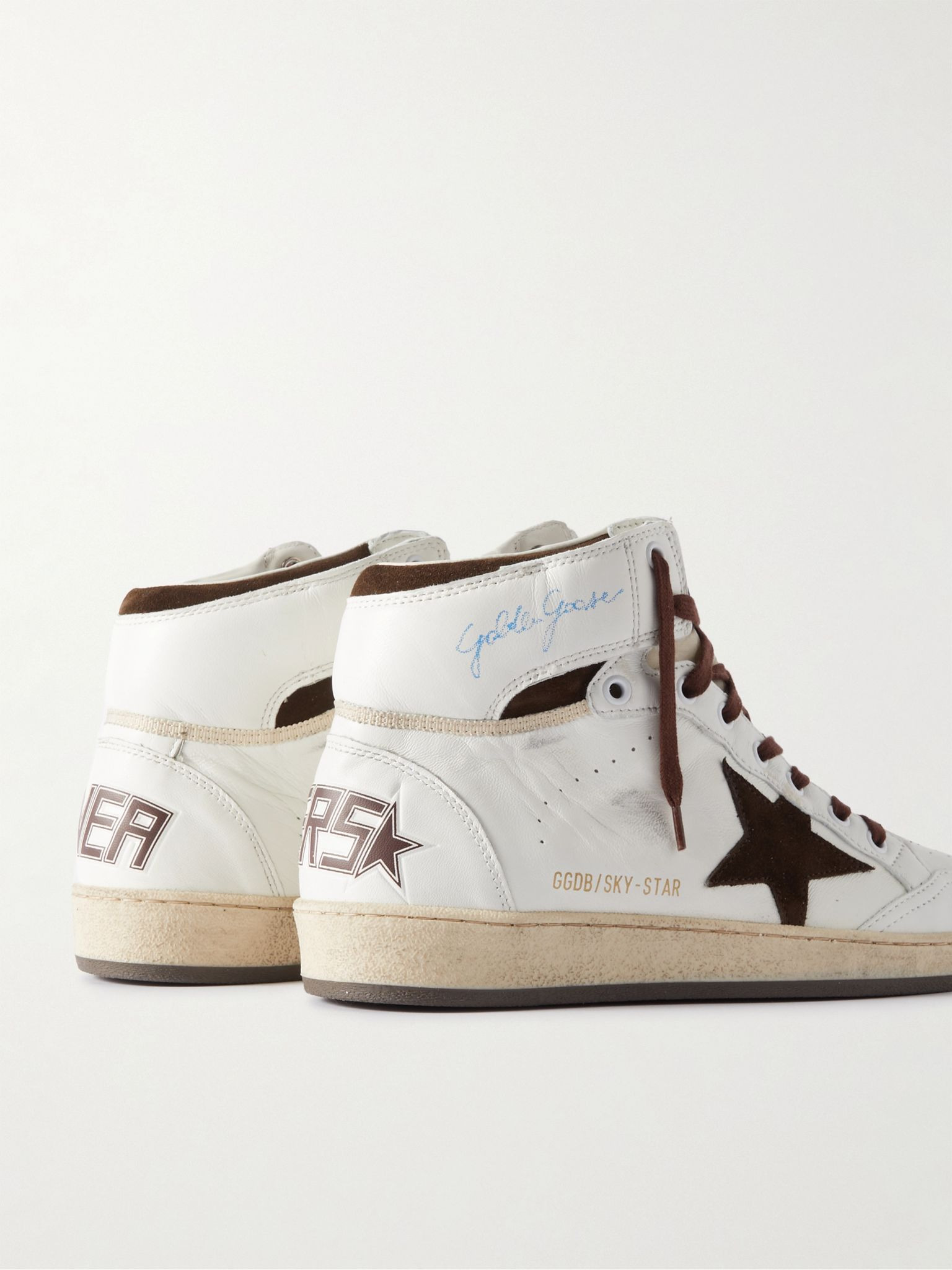 Sky Star Distressed Leather High-Top Sneakers White - 5