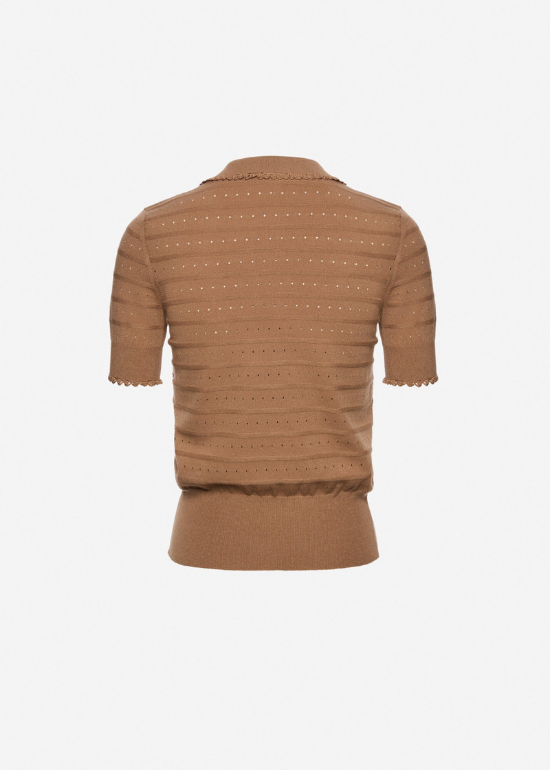 Polo knit top with frill details in beige 2