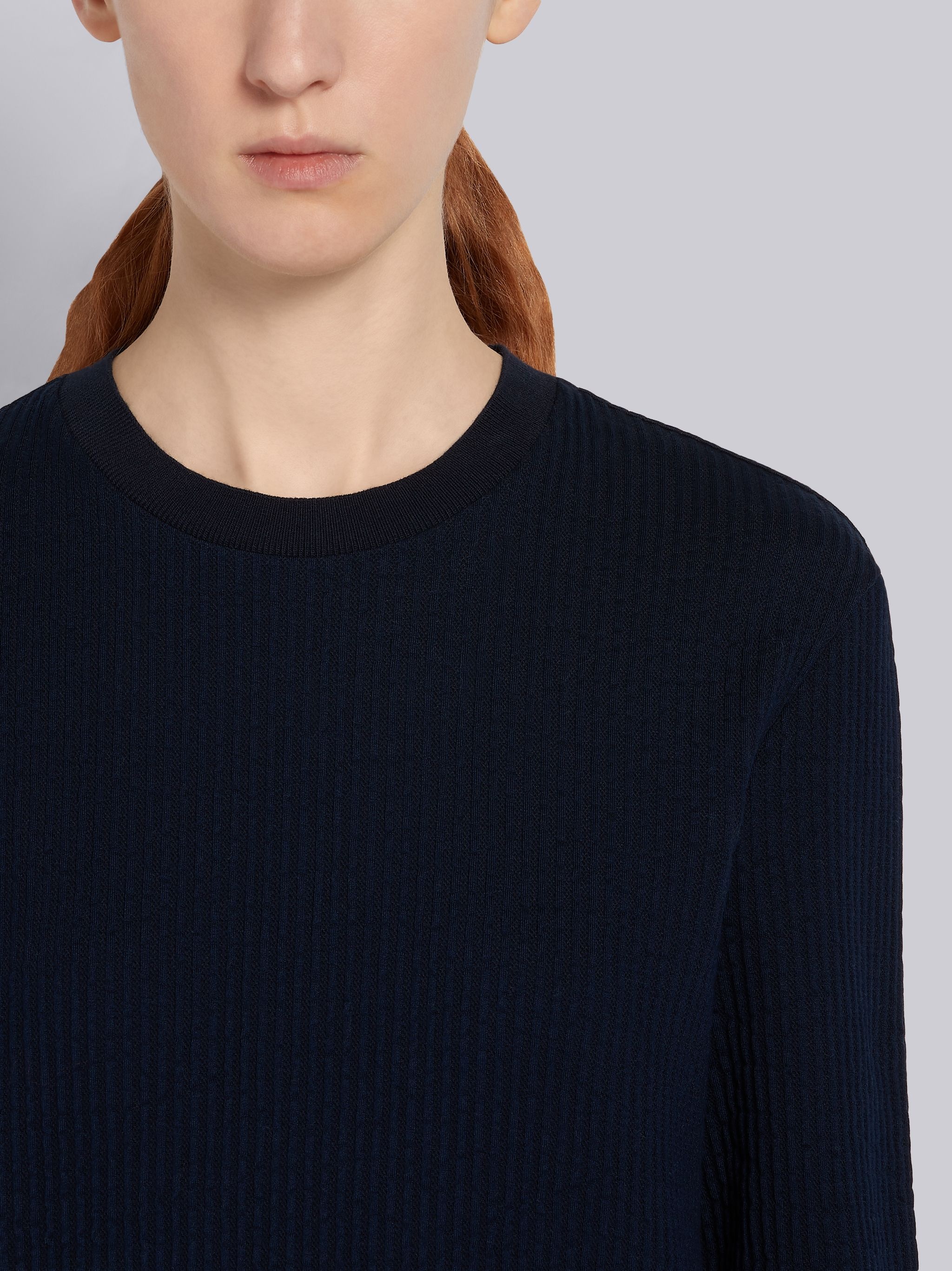 Navy Cotton Seersucker Tri-color Trim Crewneck Sweatshirt - 5