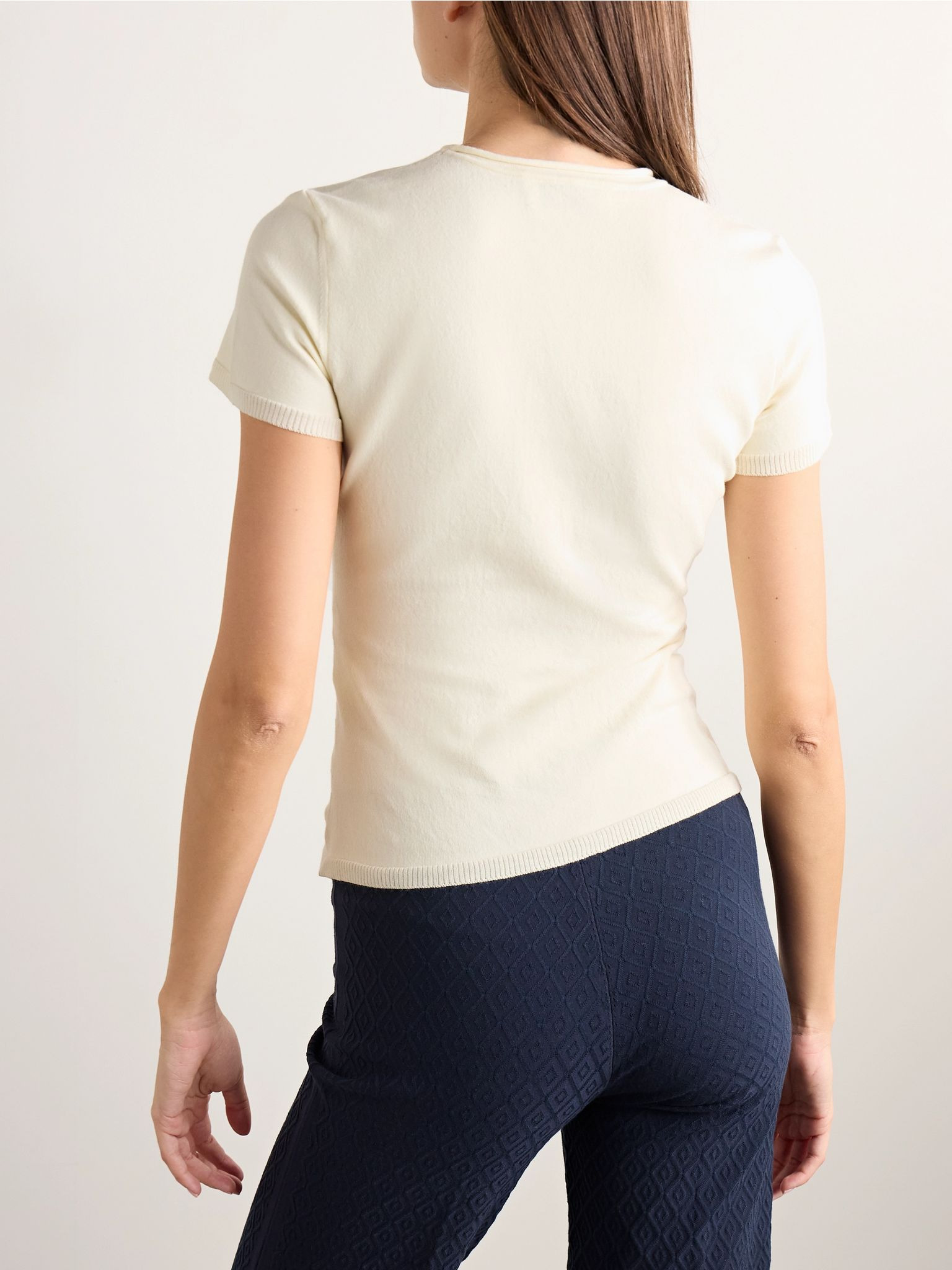 Nat cotton-blend jacquard-knit top Cream - 4