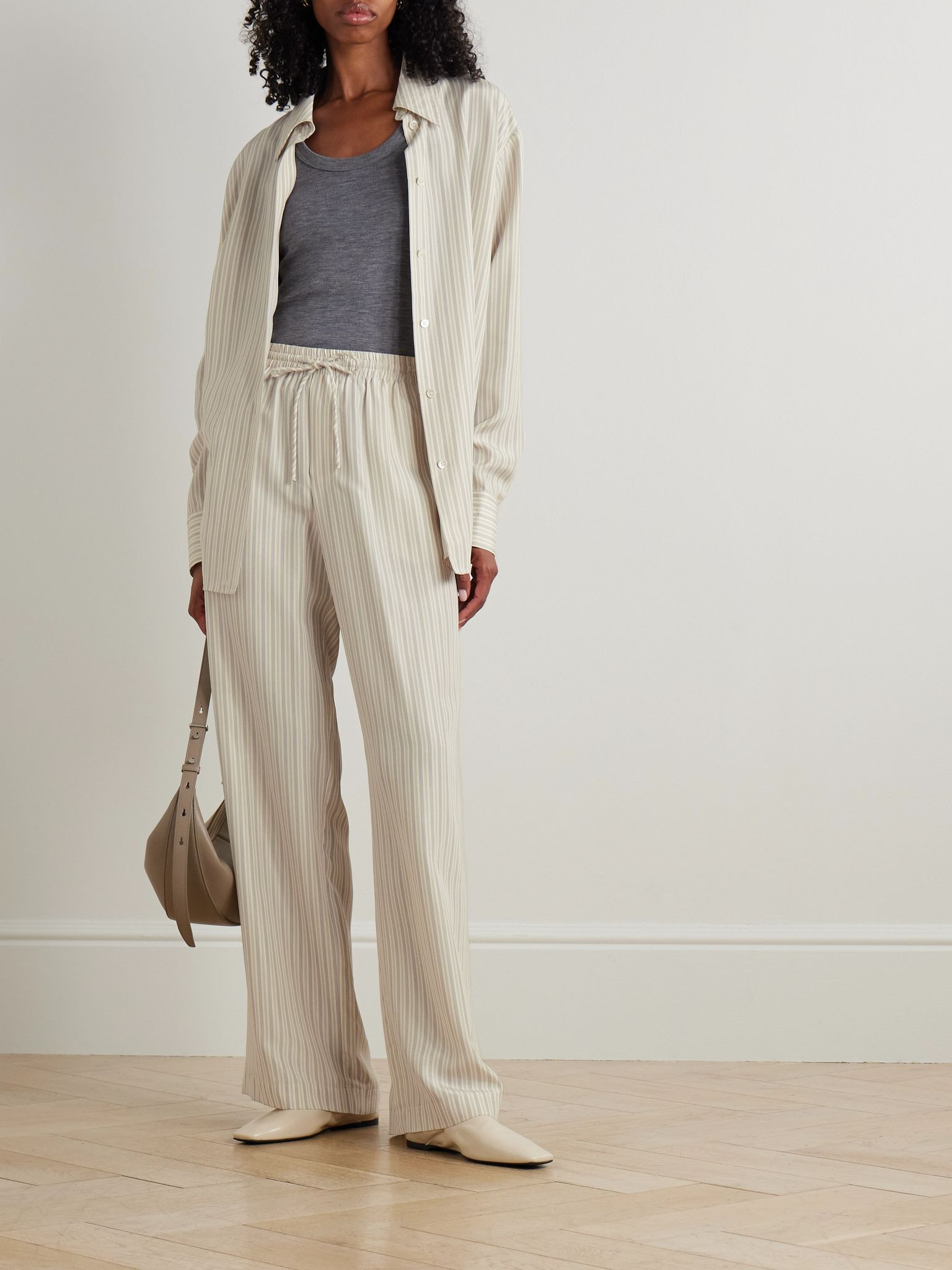 Striped silk wide-leg pants Cream - 2