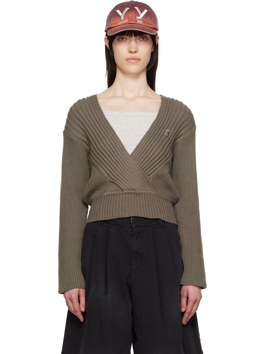 Gray Criss Cross Ribbed Pullover Sweater - 1