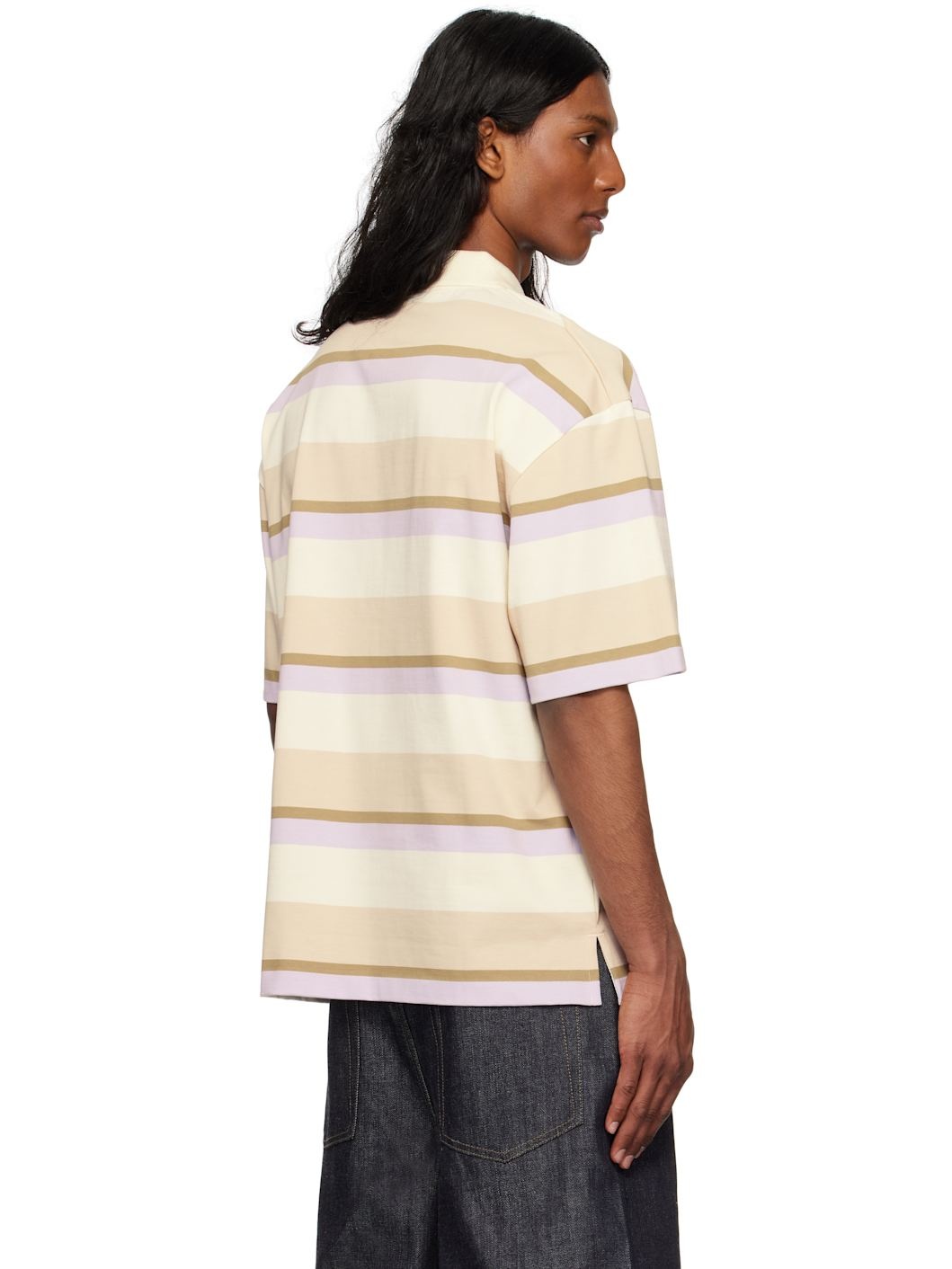 Beige & Off-White Striped SS Oversize Polo - 3