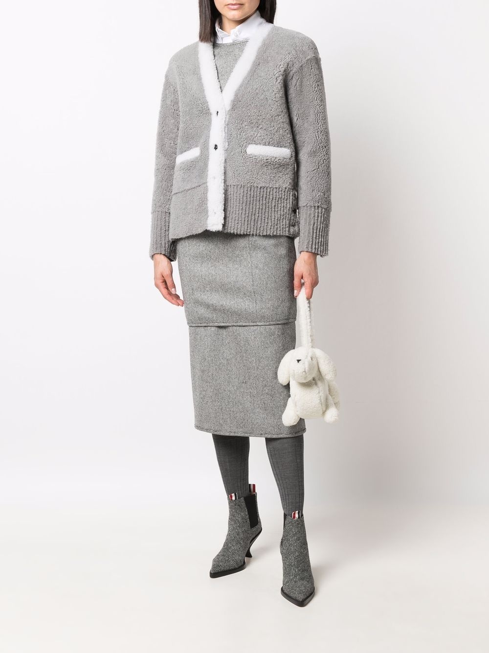V-neck contrast-trim shearling cardigan jacket - 2