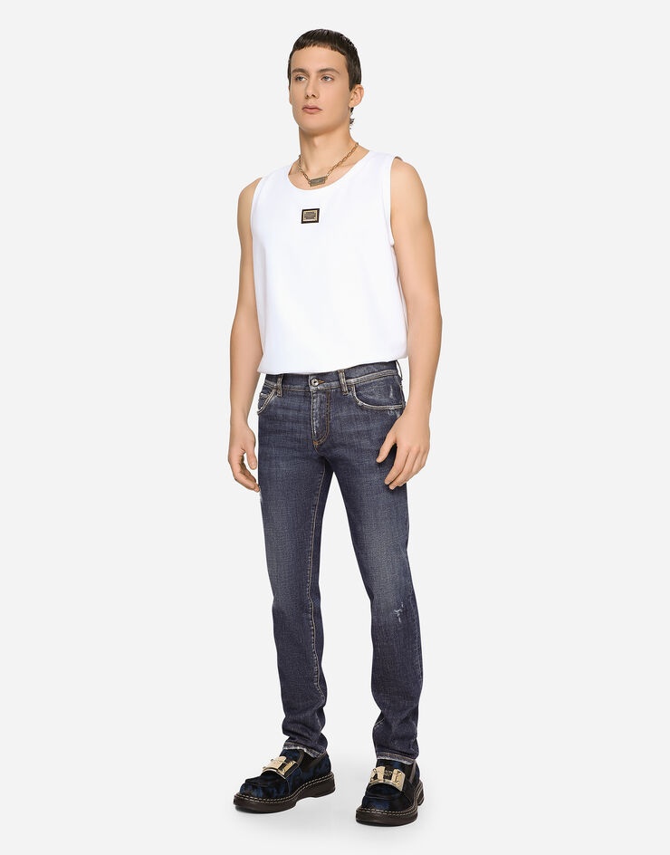 Mid blue skinny stretch jeans with abrasions - 1