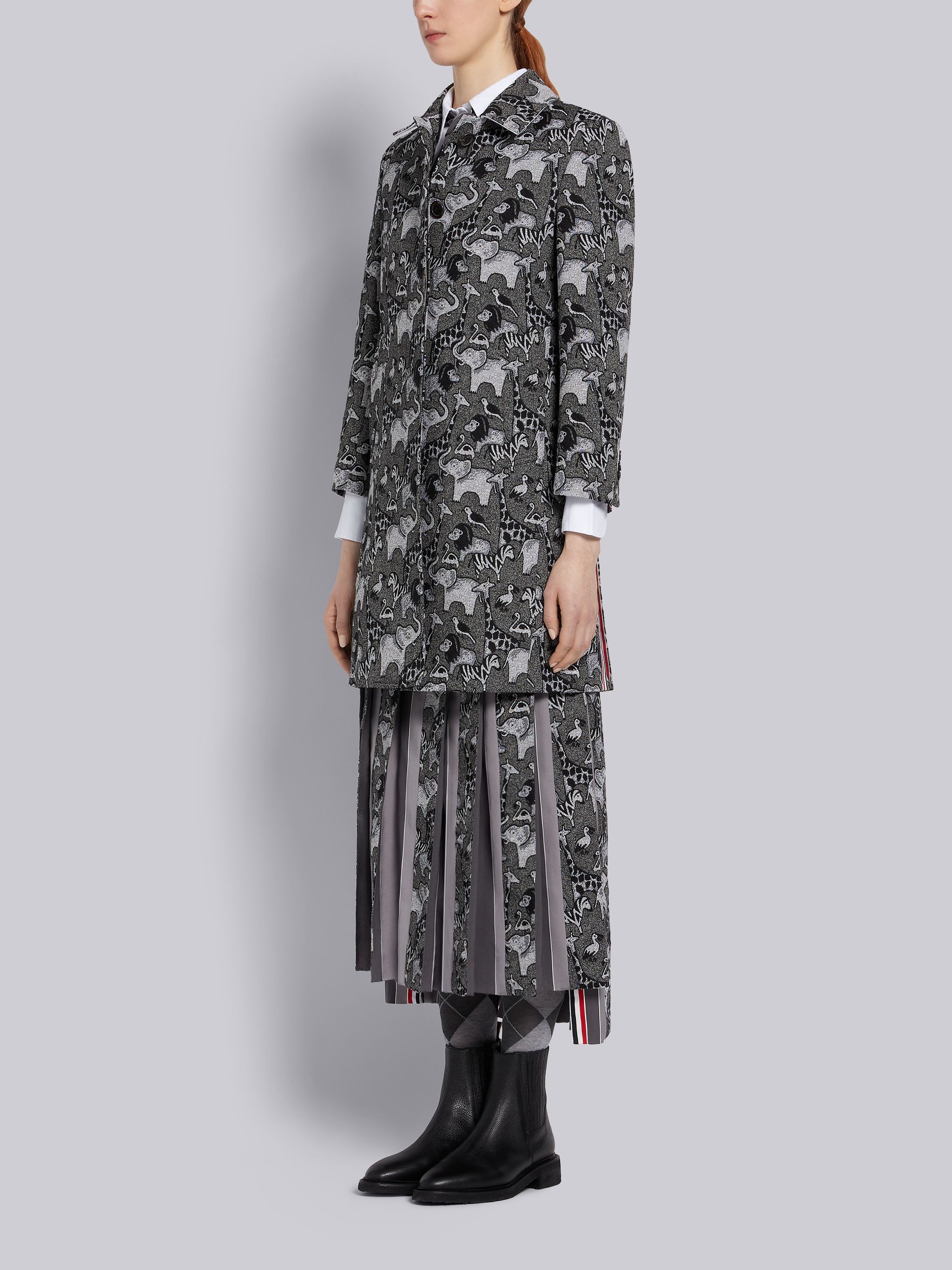 Medium Grey Animal Icon Tapestry Jacquard Classic Bal Collar Overcoat - 2