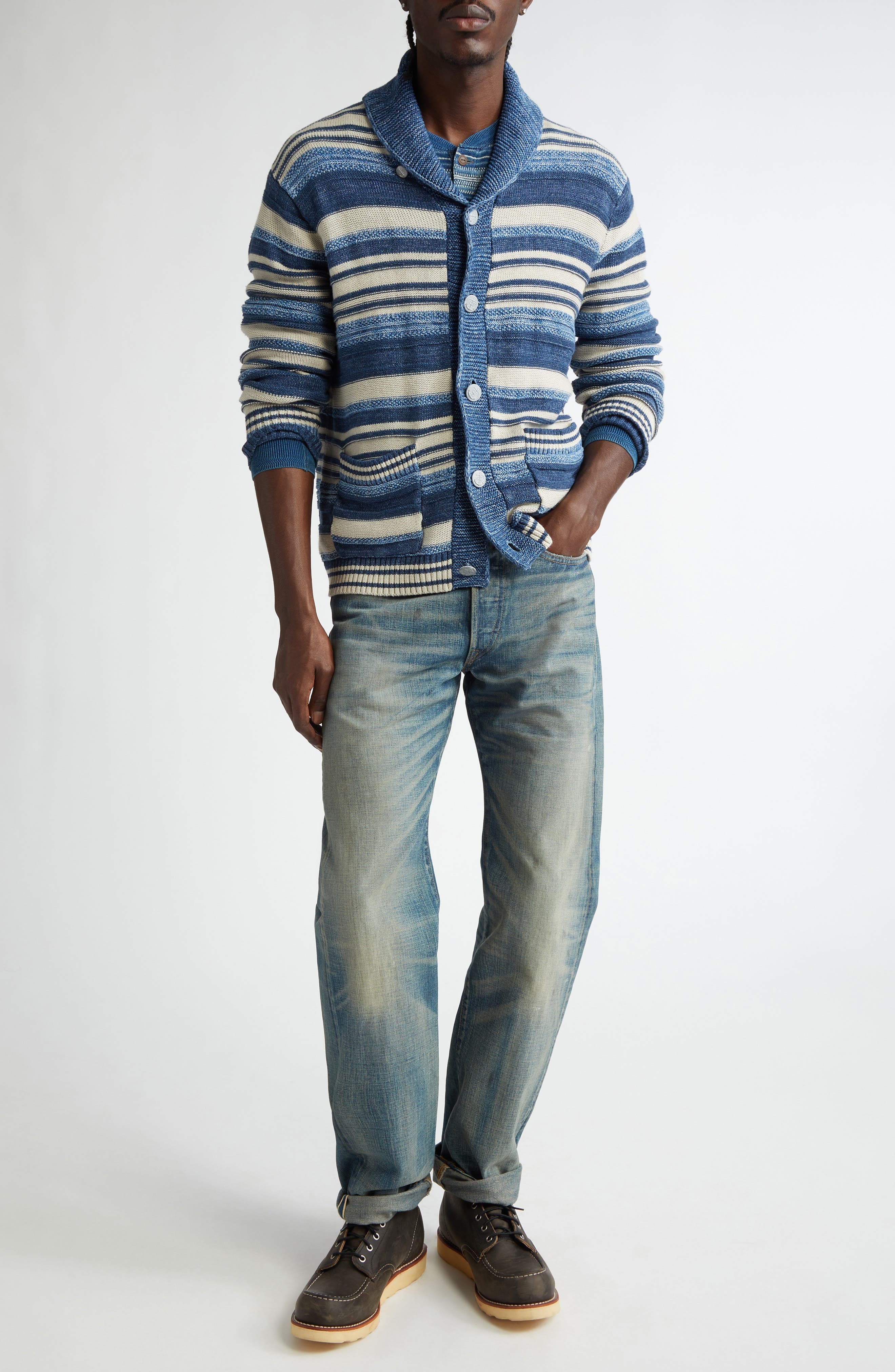 Double RL Indigo Stripe Cotton & Linen Cardigan in Indigo/Multi at Nordstrom - 7