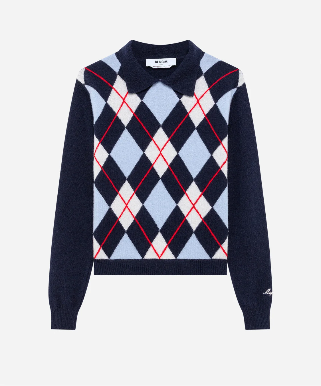 Cashmere wool blend sweater with argyle pattern and collar - 1