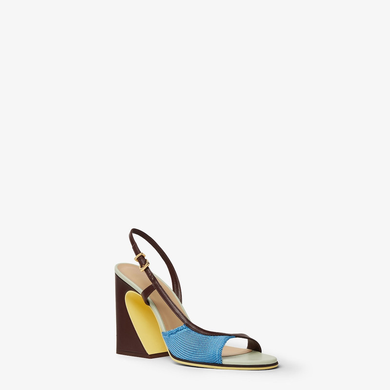 Fendi Arco High-heeled sandal in light blue knit and dark brown nappa leather. 2