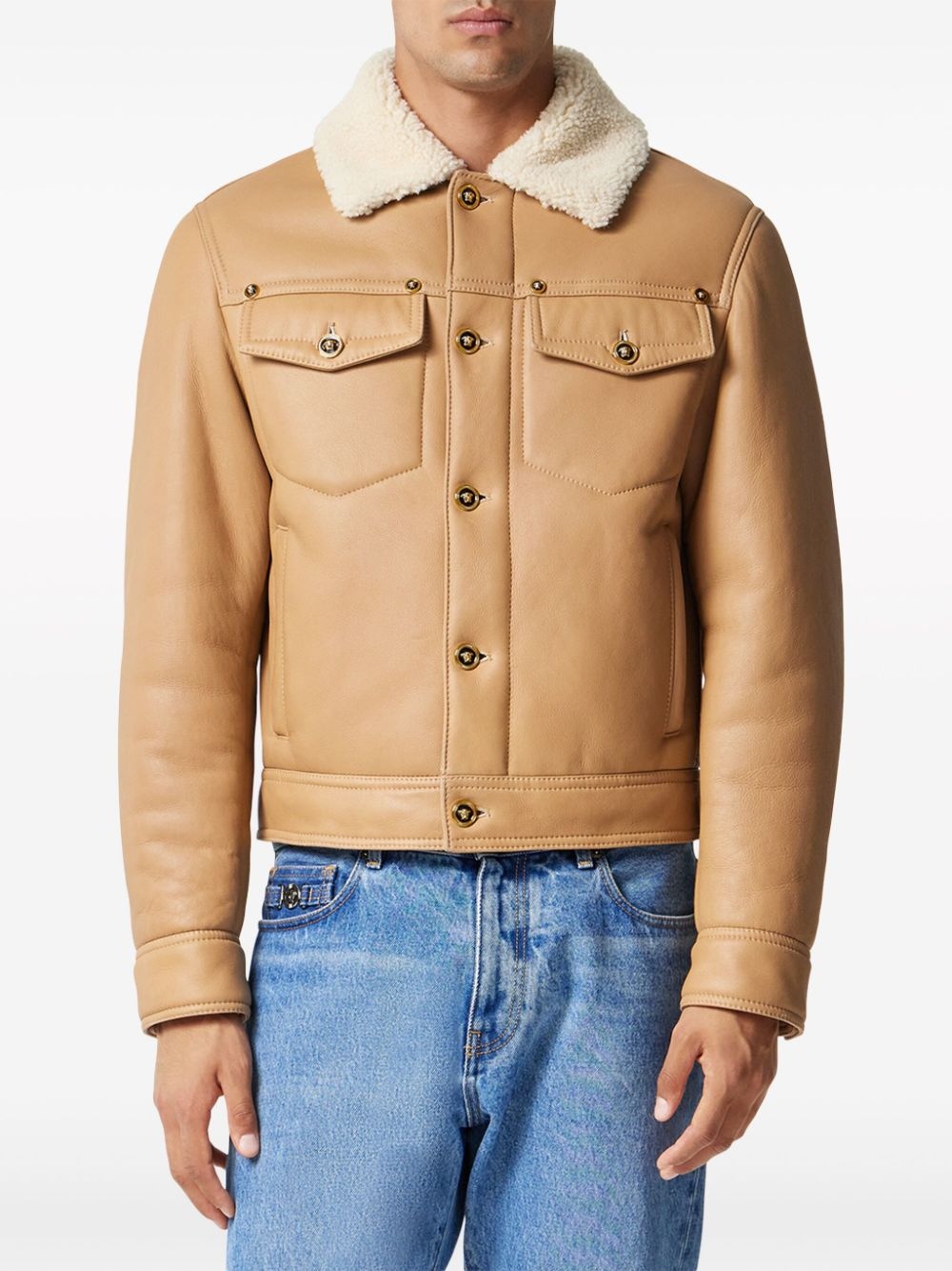 shearling-collar panelled leather jacket - 3