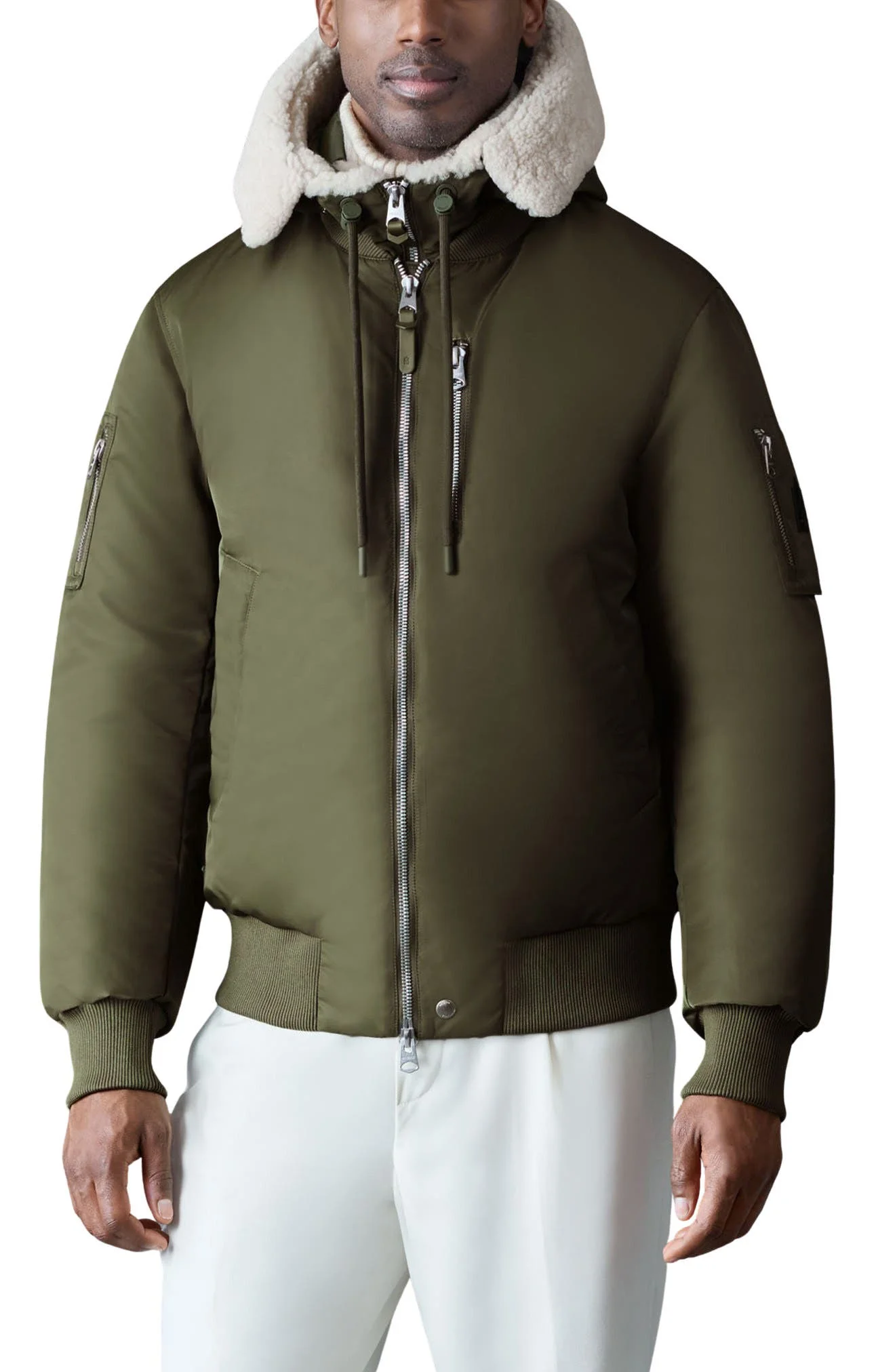 Mackage August Shearling Trim Down Bomber Jacket in Light Military at Nordstrom - 1