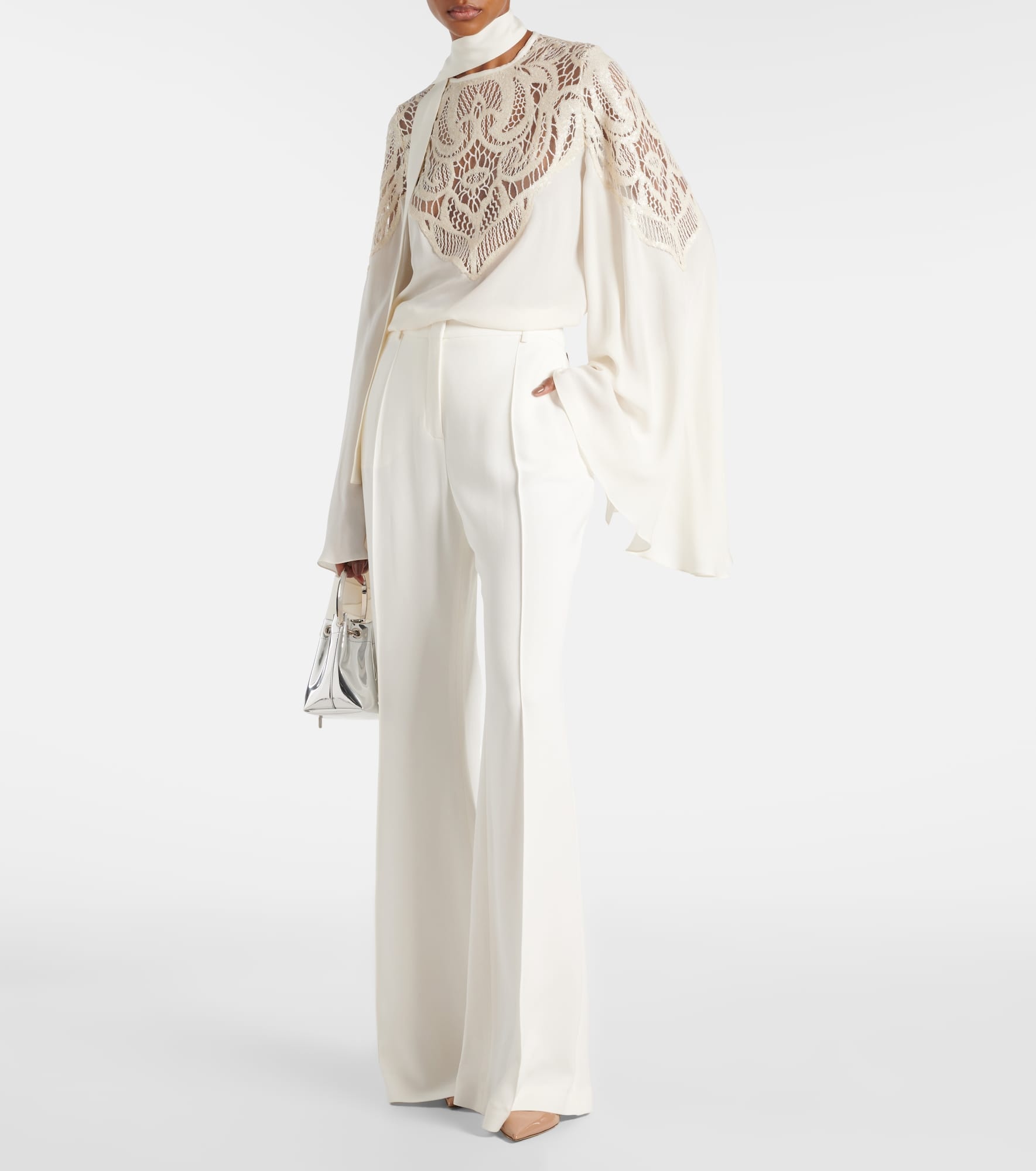 Lace-trimmed tie-neck georgette blouse - 2