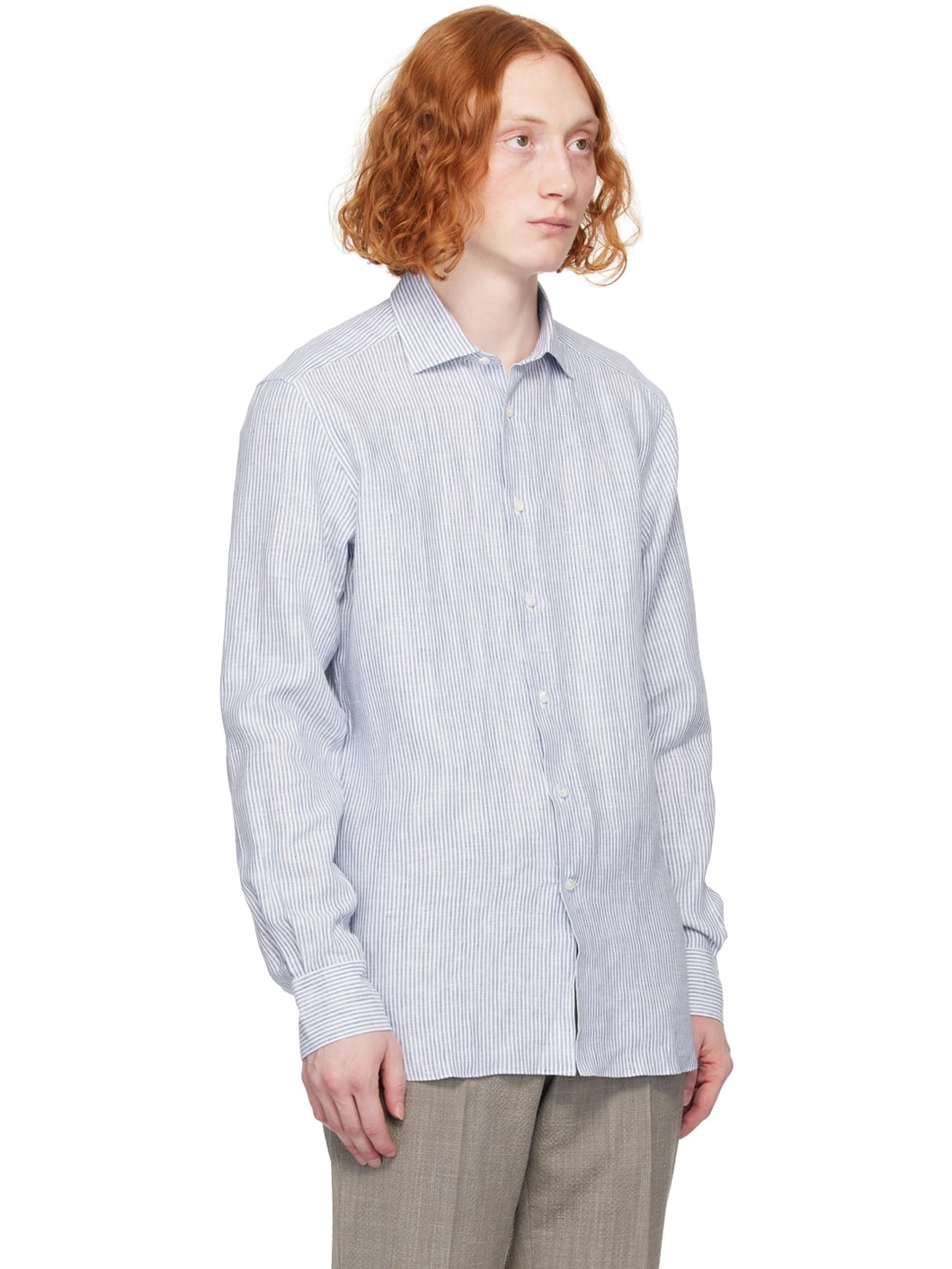 White & Blue Spread Collar Shirt - 4