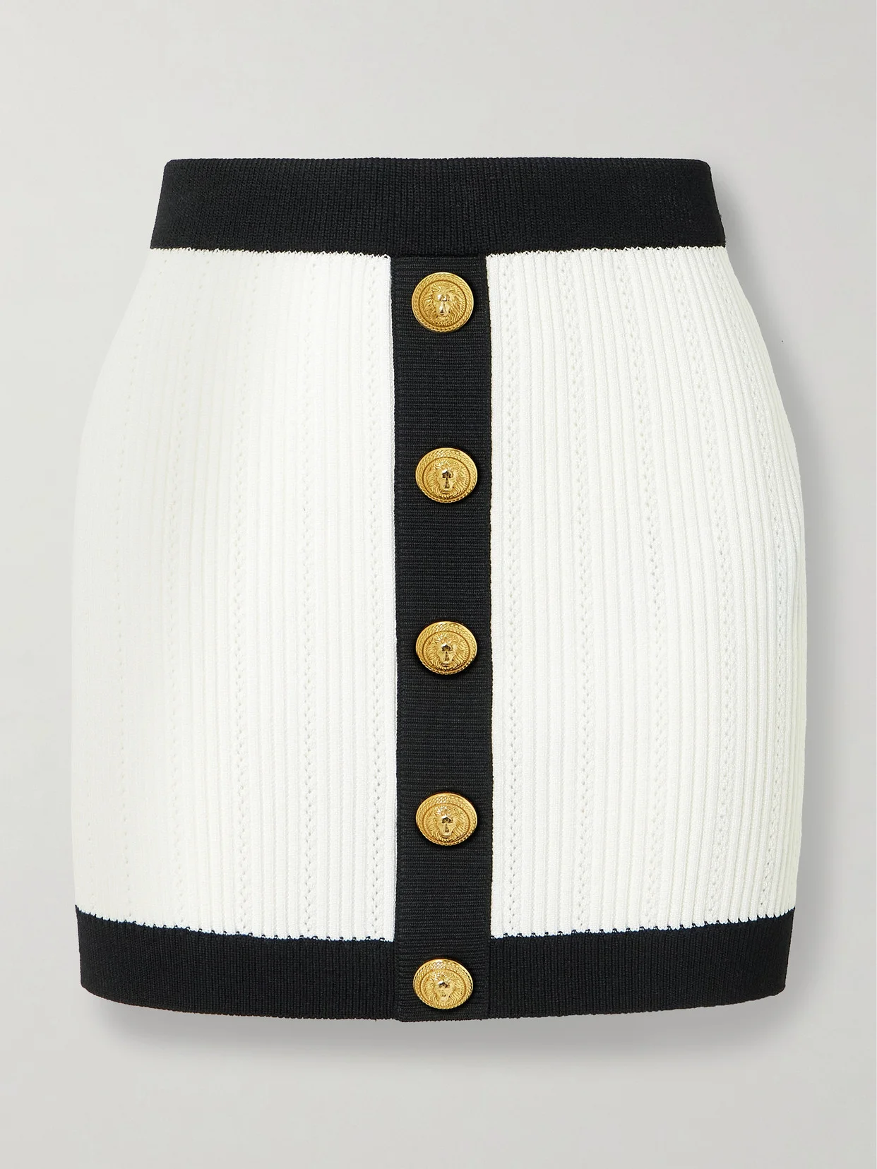 Button-embellished Two-tone Ribbed-knit Mini Skirt - 1