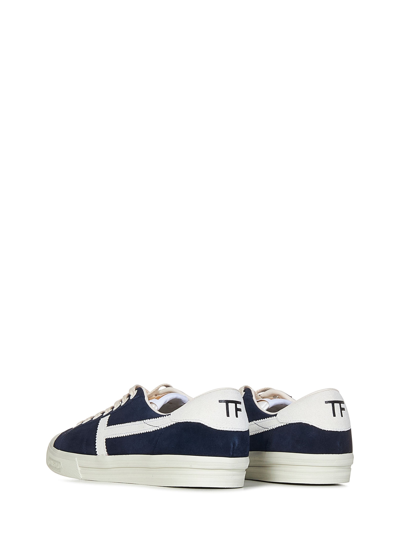 Midnight blue suede low-top sneakers with chalk-colored details and rubber sole. - 3