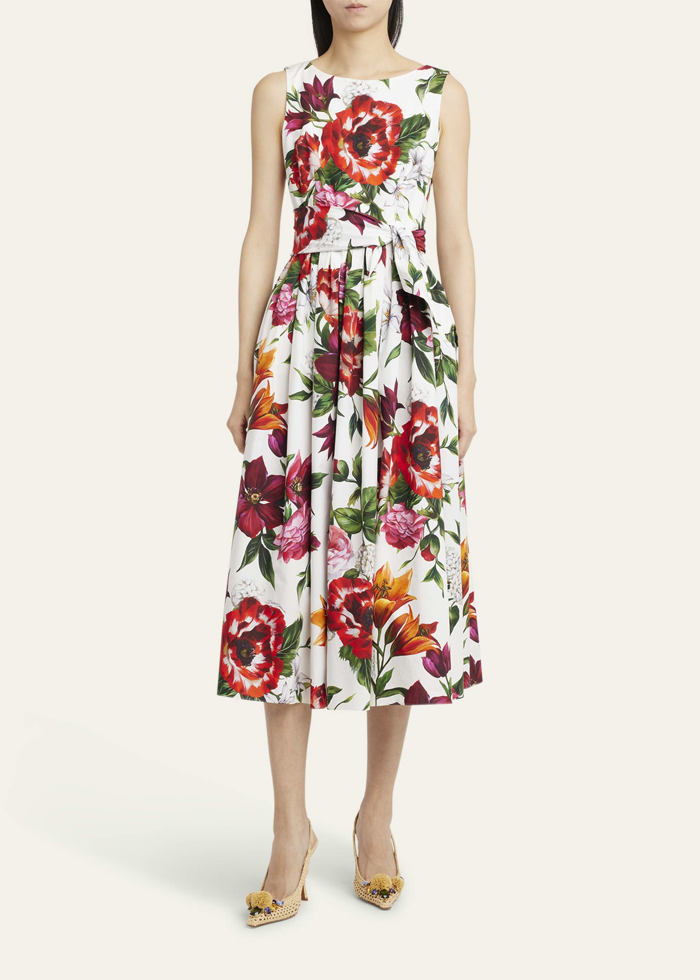 Anemone Floral Pleated Popeline Midi Dress With Belt - 2