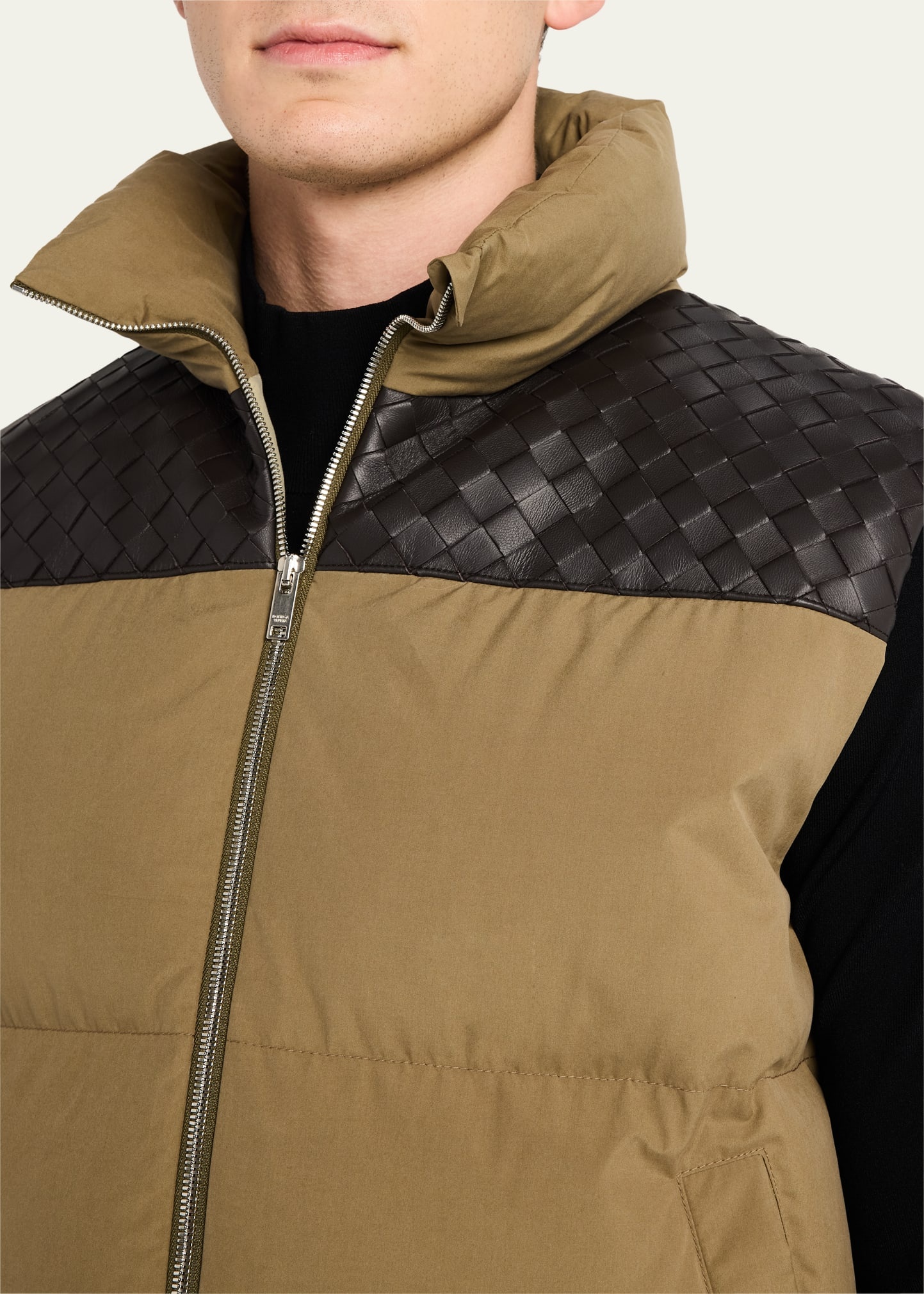 Men's Cotton and Intrecciato Leather Puffer Vest - 5
