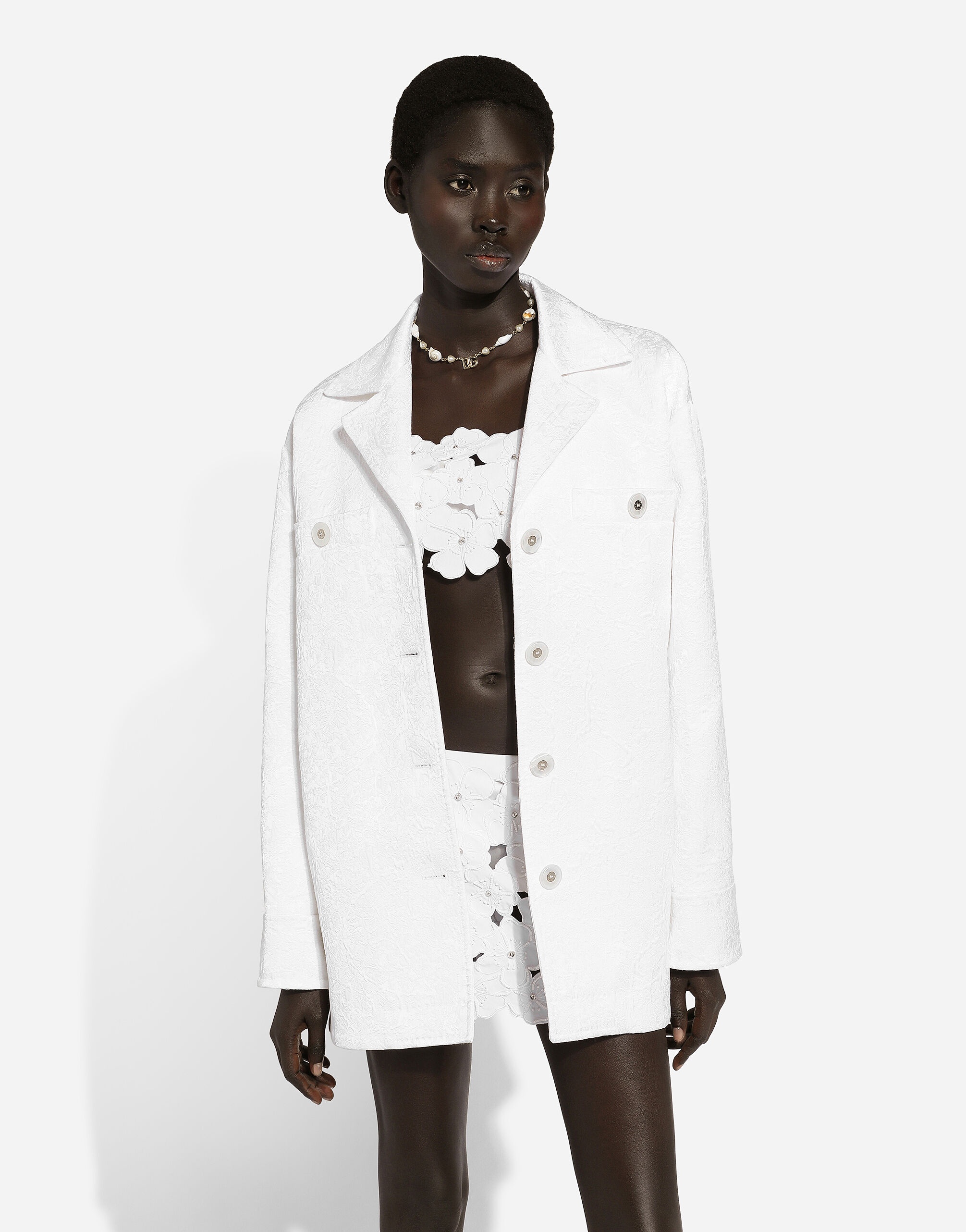 Short single-breasted brocade coat - 4