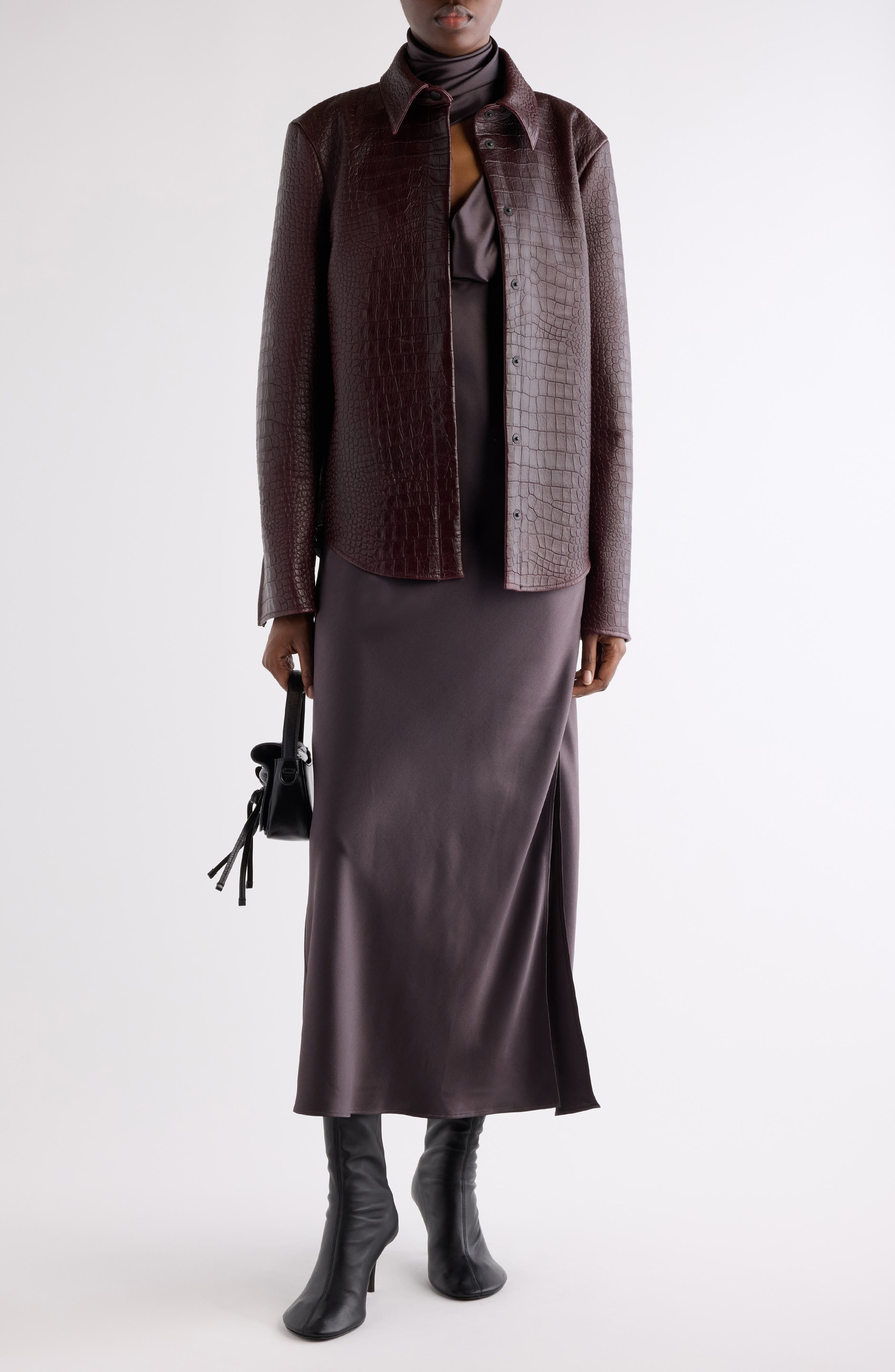 Acne Studios Lamank Croc Embossed Leather Shirt Jacket in Burgundy at Nordstrom - 2