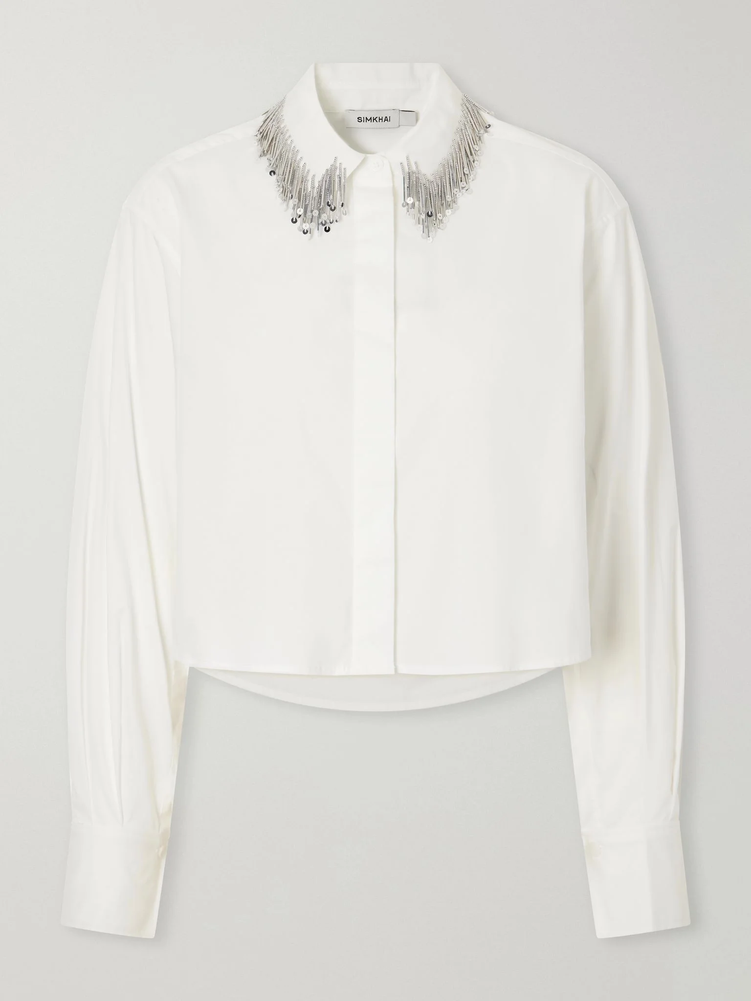 Renata cropped bead-embellished cotton-blend poplin shirt White - 1