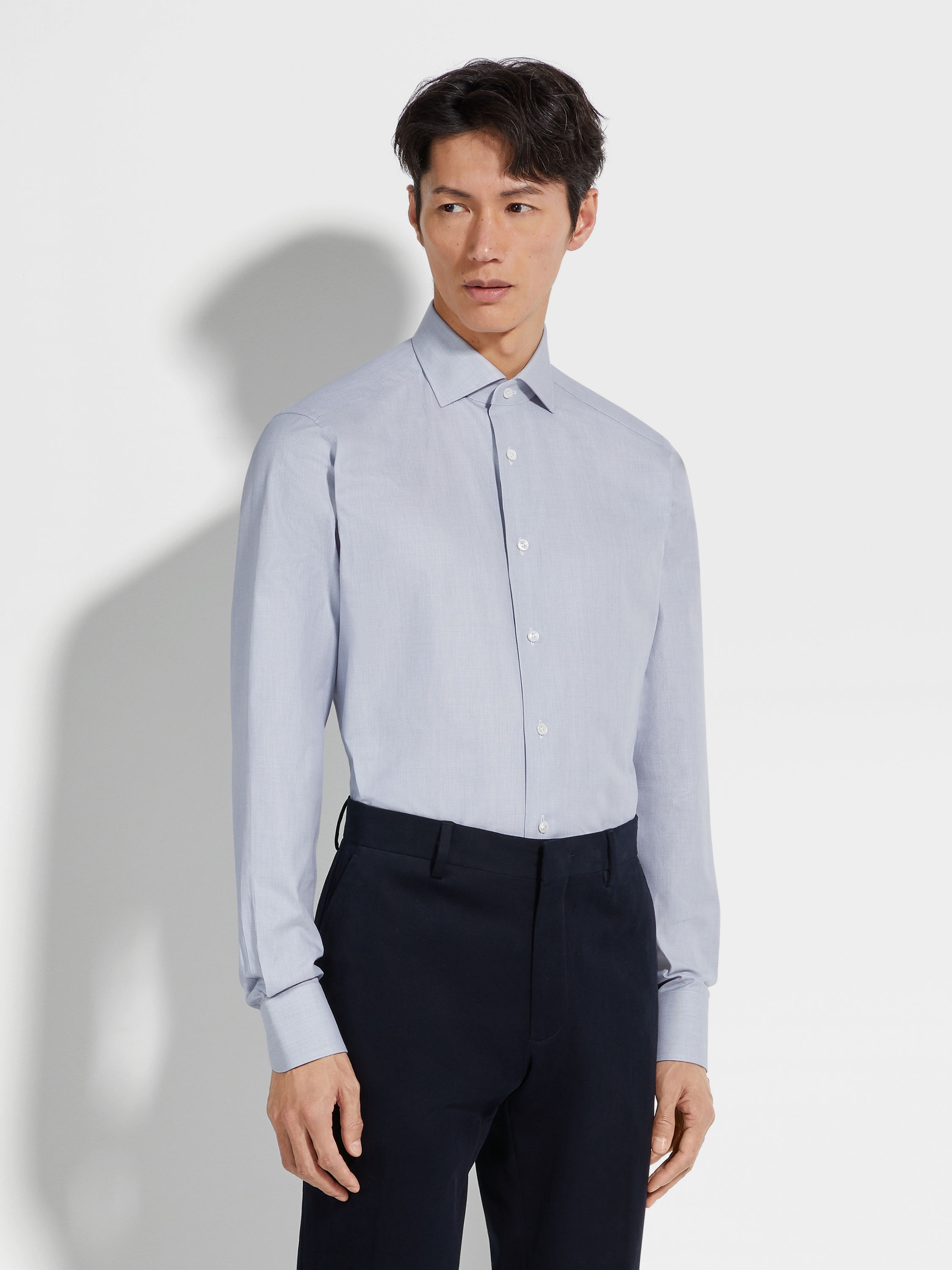 WHITE AND NAVY BLUE MICRO-STRUCTURED CENTOVENTIMILA COTTON SHIRT - 3