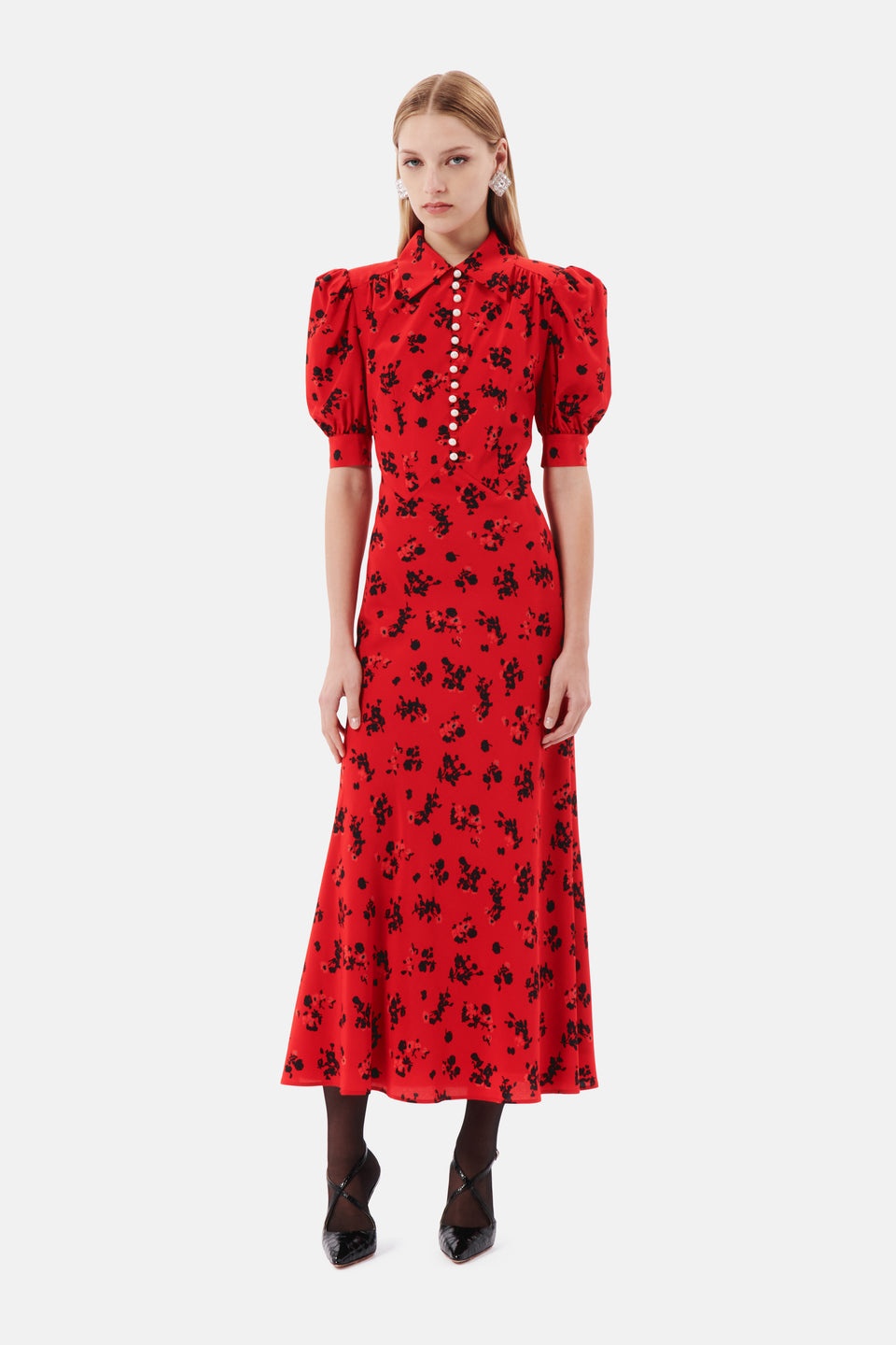 ROSE PRINT SILK DRESS WITH COLLAR AND BUTTONS - 4