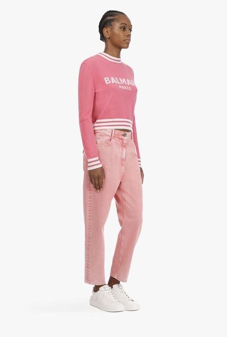 Cropped pink wool and cashmere sweatshirt with white Balmain logo - 7
