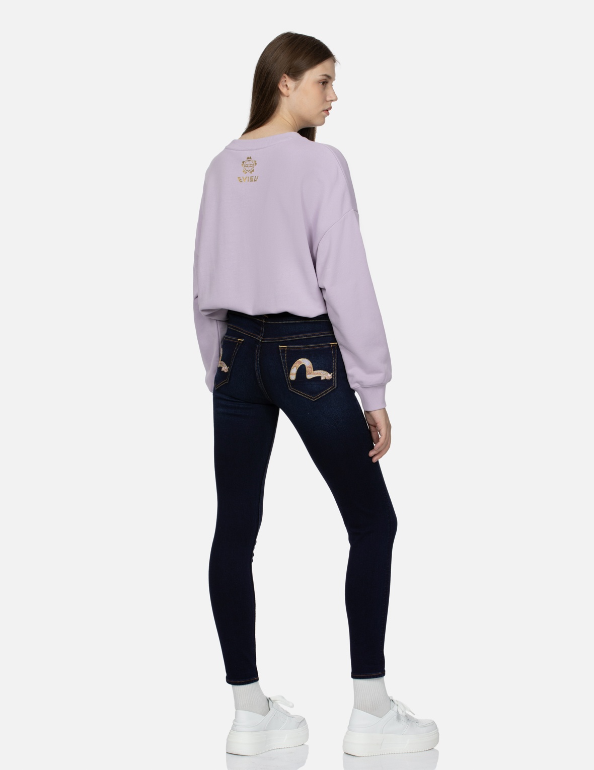 FLORAL-PATTERN SEAGULL  EMBROIDERY HIGH-WAIST SKINNY JEANS - 3