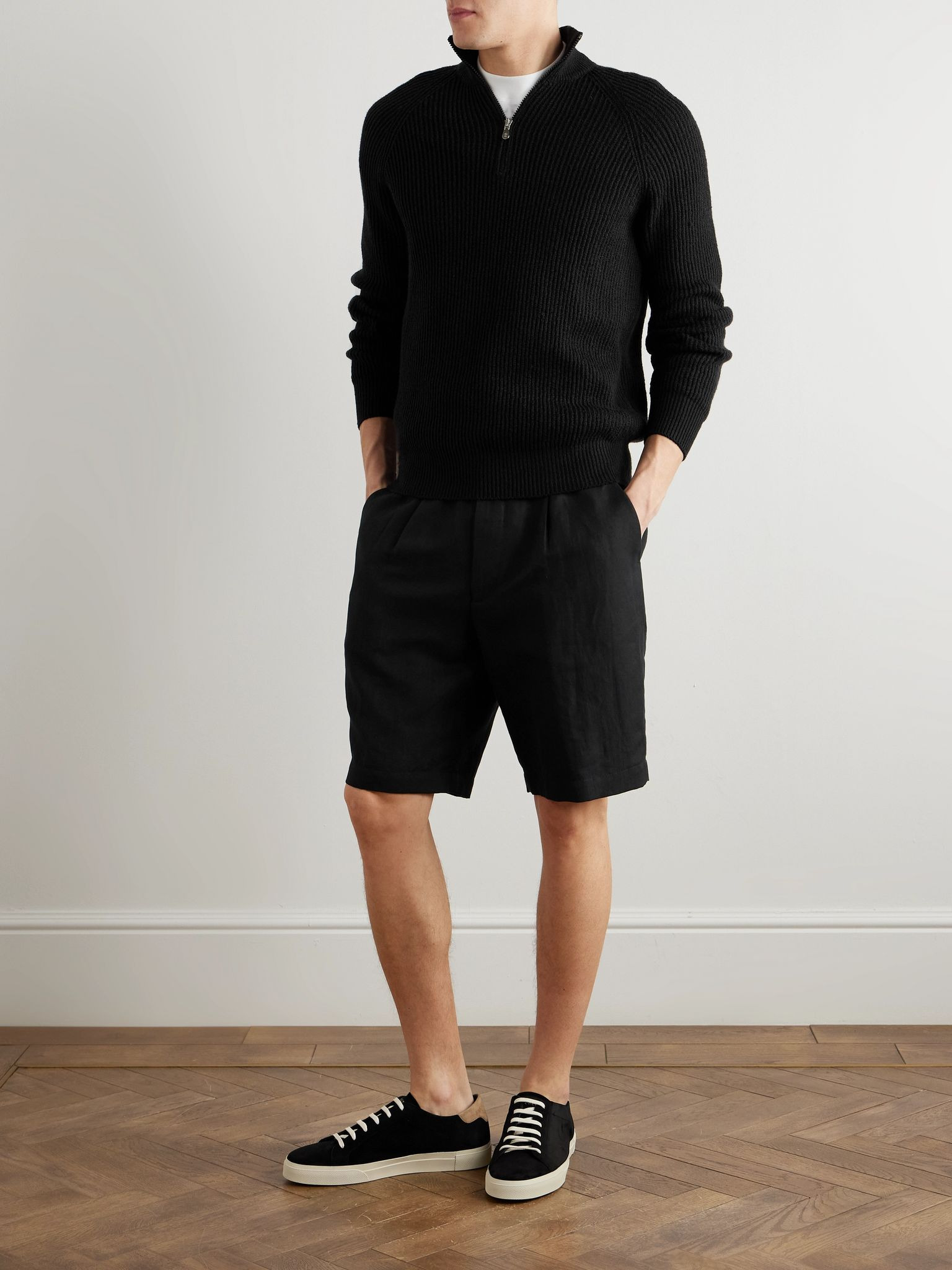 Ribbed Cotton Half-Zip Sweater Black - 2