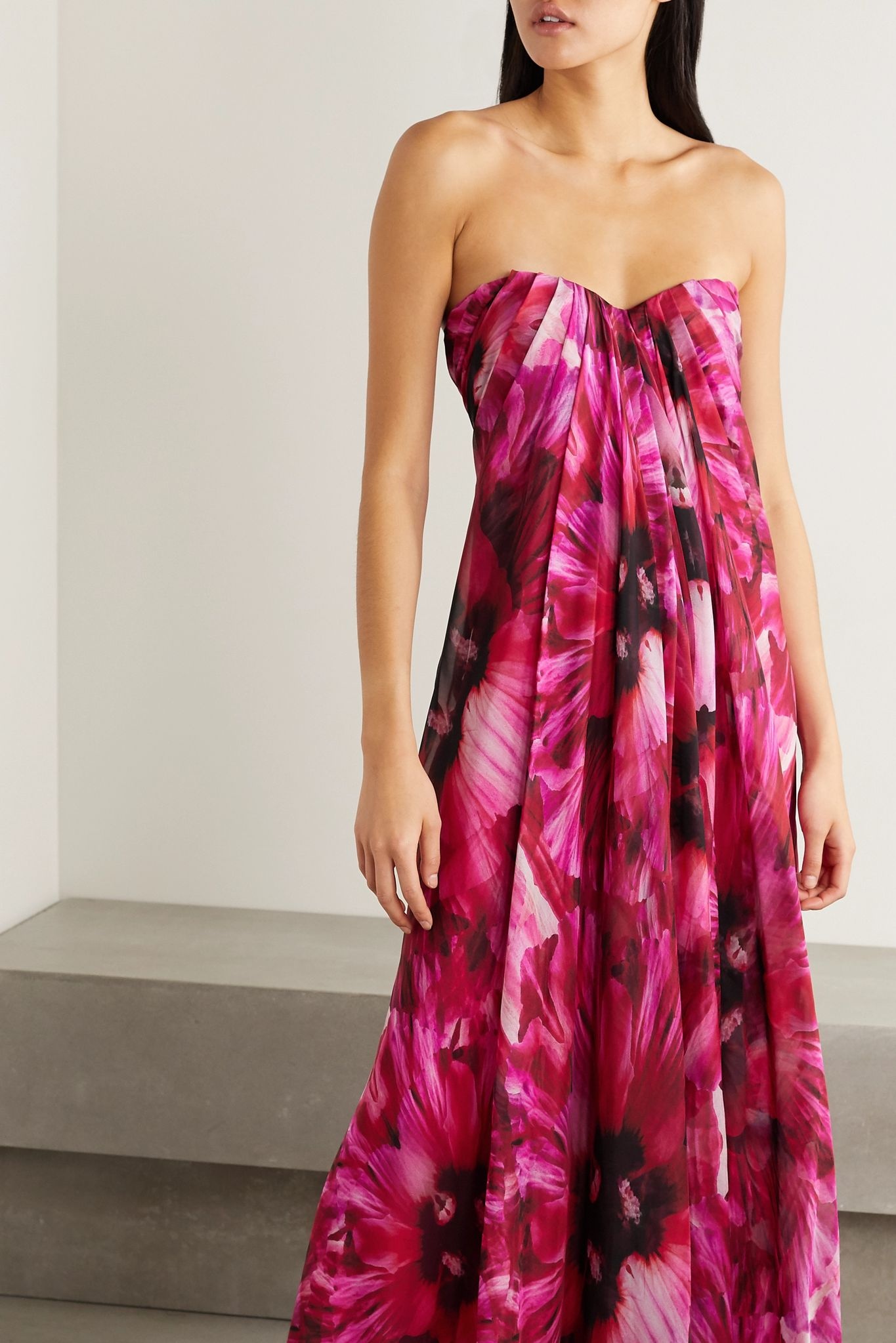 Strapless pleated floral-print silk-crepe de chine gown - 3