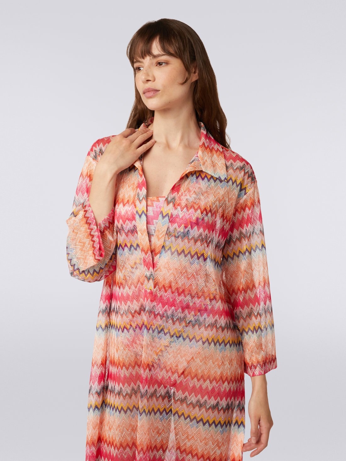 Long-sleeved long chevron viscose tulle cover up - 5
