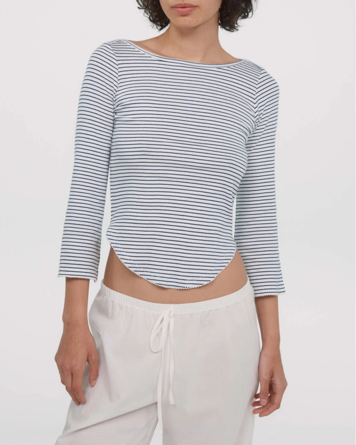 The Rina Long Sleeve: White French Stripe Cotton Jersey - 1