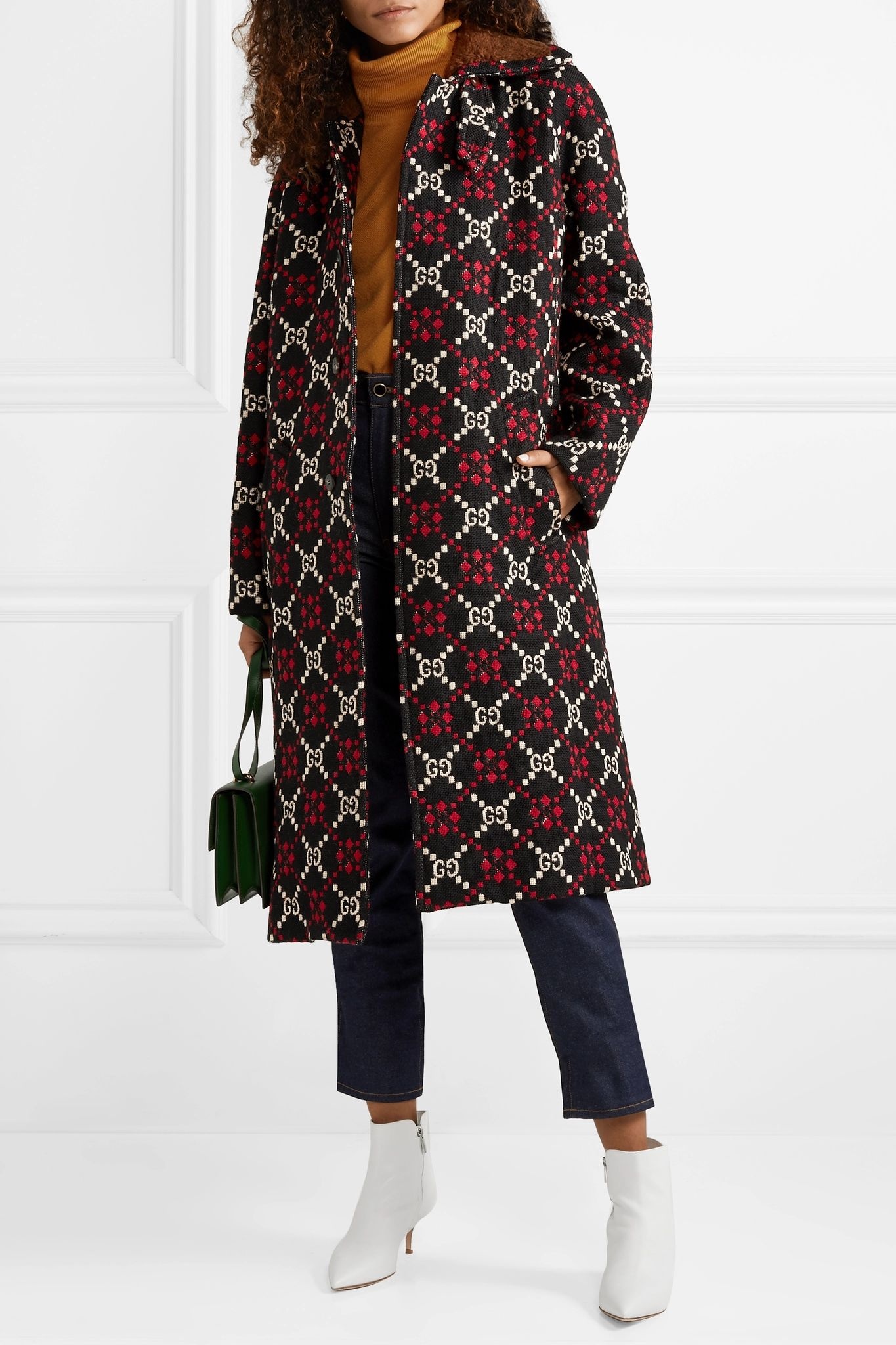 Faux shearling-trimmed wool-jacquard coat - 2