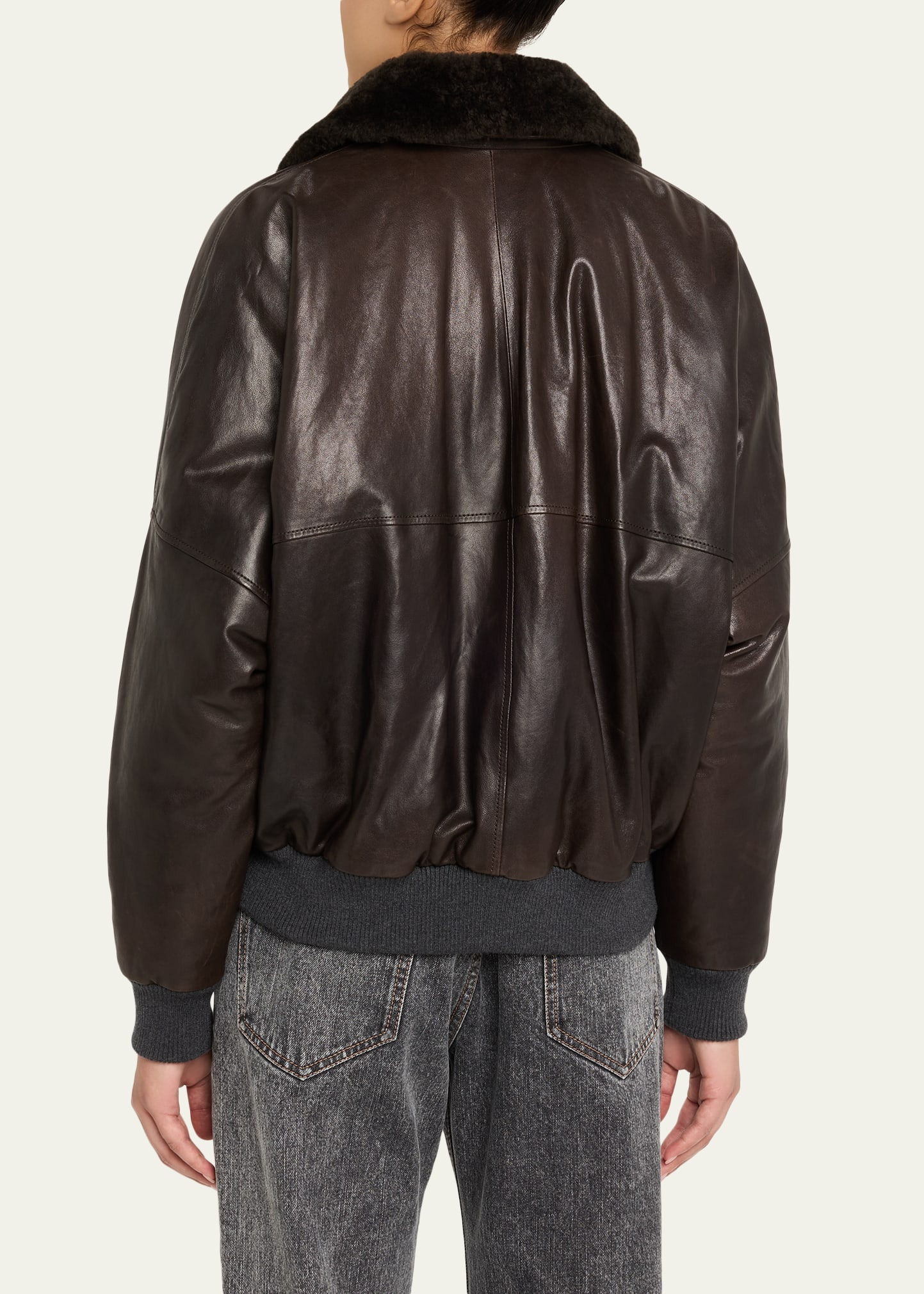 Leather Biker Jacket with Removable Shearling Collar - 3