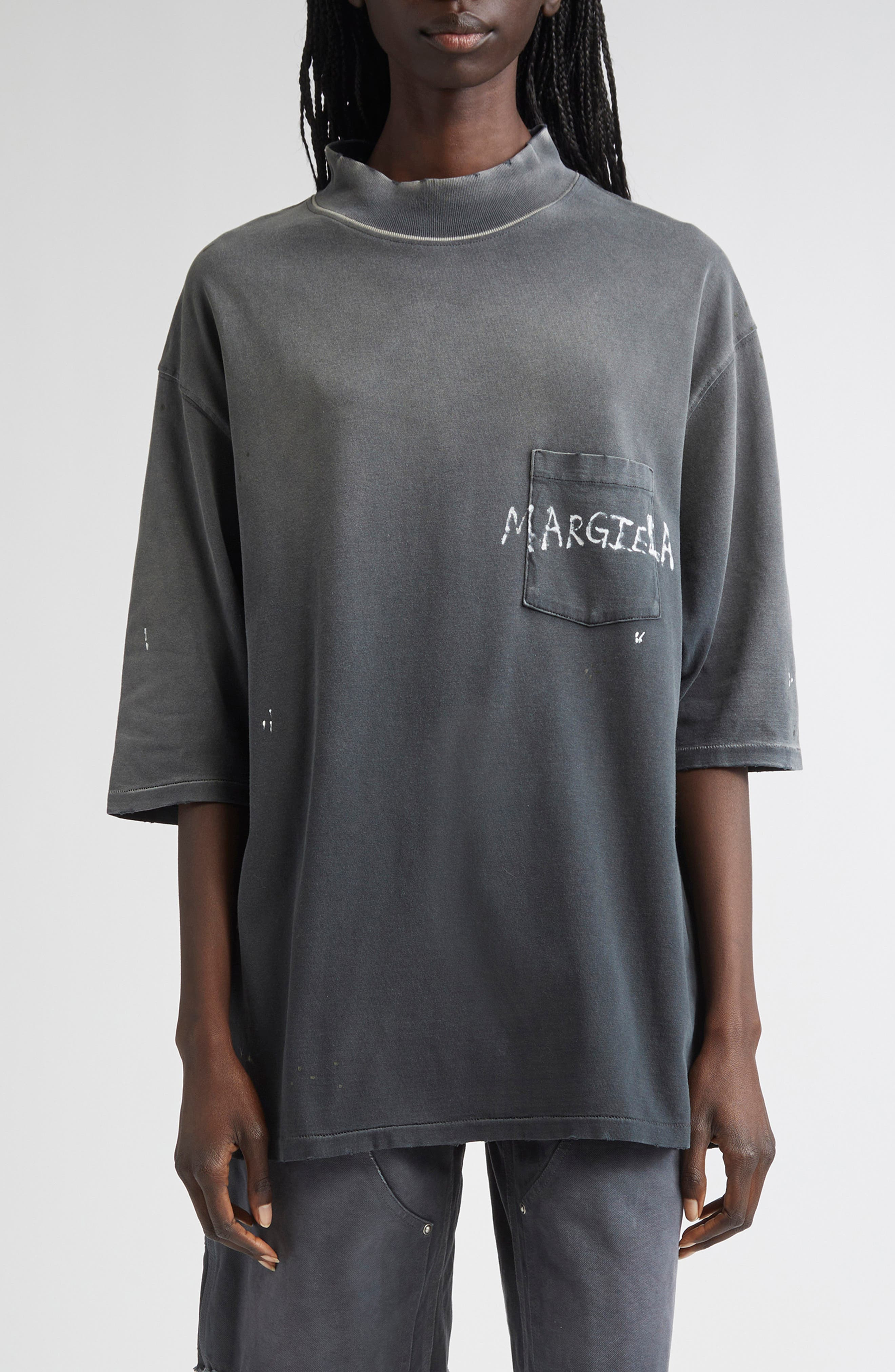 Maison Margiela Graffiti Logo Paint Splattered Pocket T-Shirt in Washed Black at Nordstrom - 1