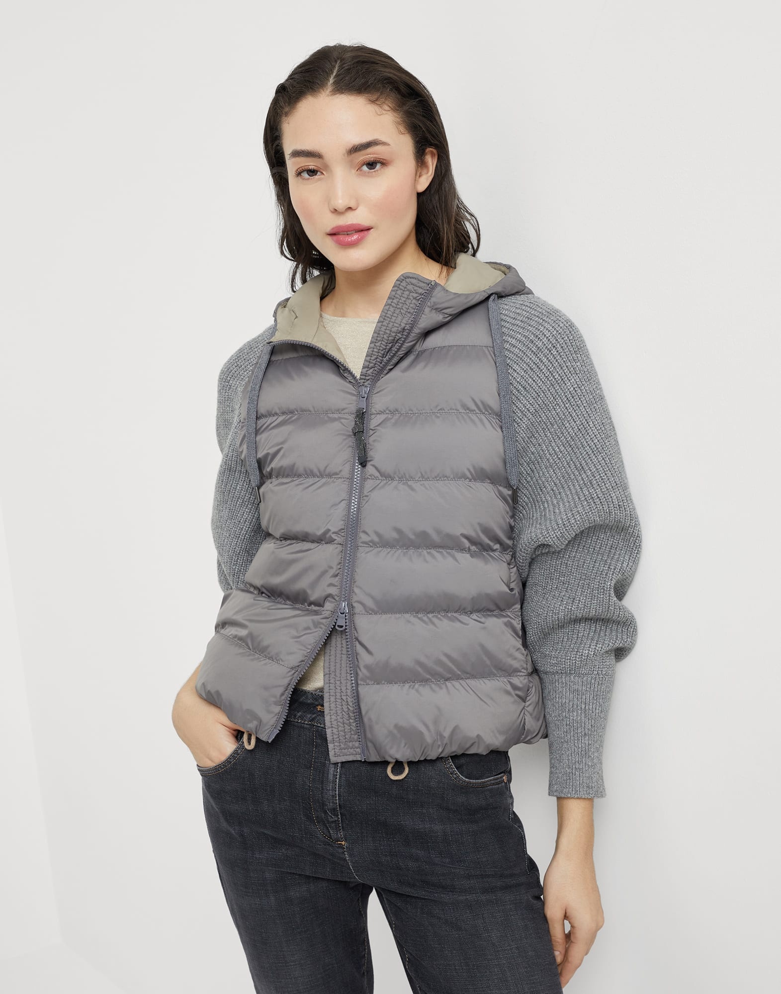 Water-resistant matte nylon hooded down jacket with monili and sleeves in virgin wool, cashmere and  - 4